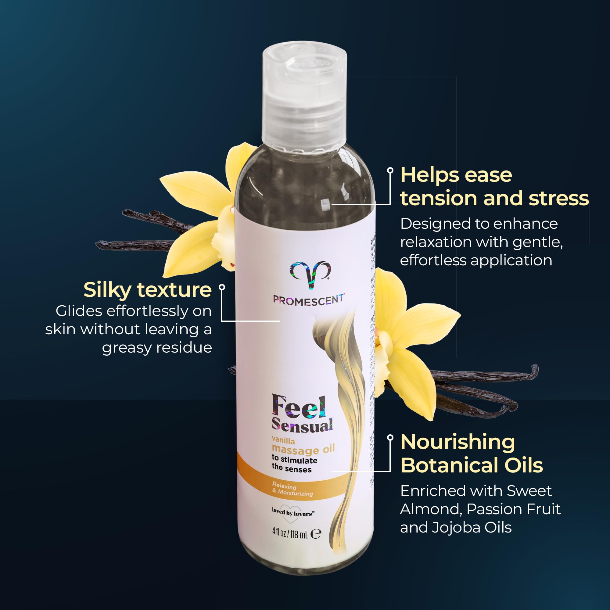 Promescent Massage Oil for Massage Therapy, Massage Oils for Date Night, Premium Body Oil for Men & Women to Relieve Stress & Sore Muscles, Essential Oils for Skin (4 oz) (Vanilla) Promescent uk supplements