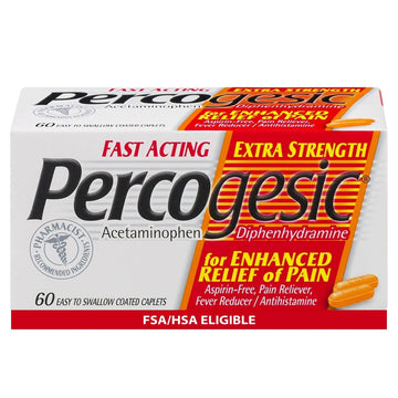 Percogesic Extra Strength Acetaminophen & Diphenhydramine Pain Relief, Fast-Acting Aspirin-Free Fever Reducer & Antihistamine, 60 Count Percogesic uk supplements
