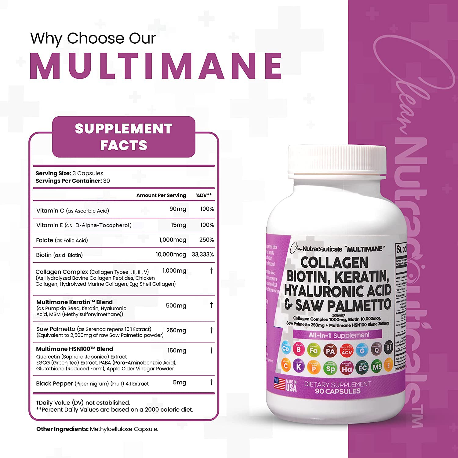 Collagen Pills 1000mg Biotin 10000mcg Keratin Saw Palmetto 2500mg 90 Ct Clean Nutraceuticals uk supplements