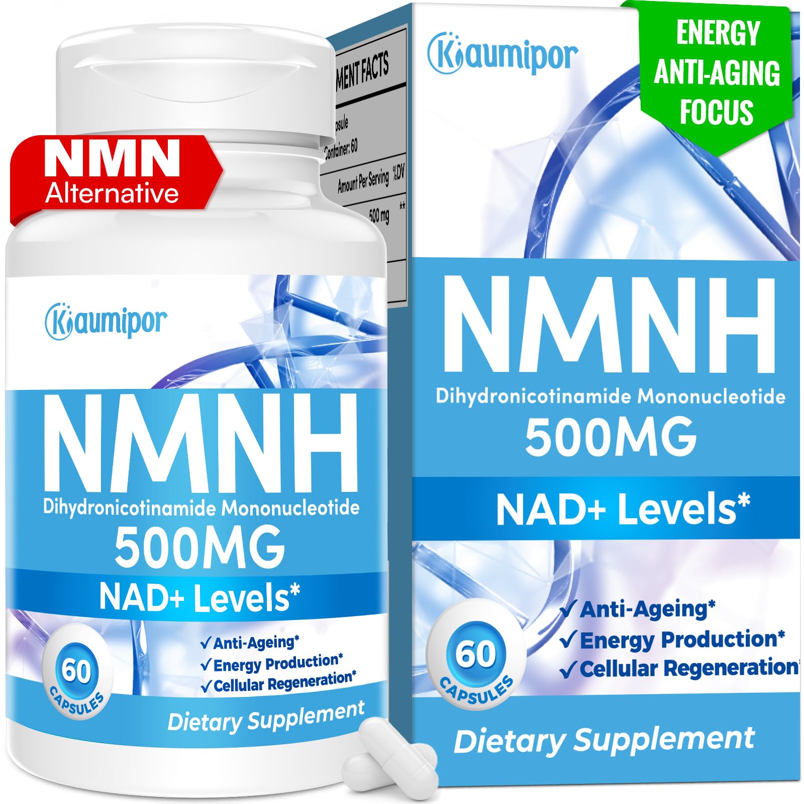Kaumipor NMNH (Dihydronicotinamide Mononucleotide) NMN Alternative Supplement, 500 mg Per Serving NAD Supplement to Boost NAD+ Levels, for Anti Aging, Energy, Immunity, Focus, 60 Vegan Capsules Kaumipor uk supplements