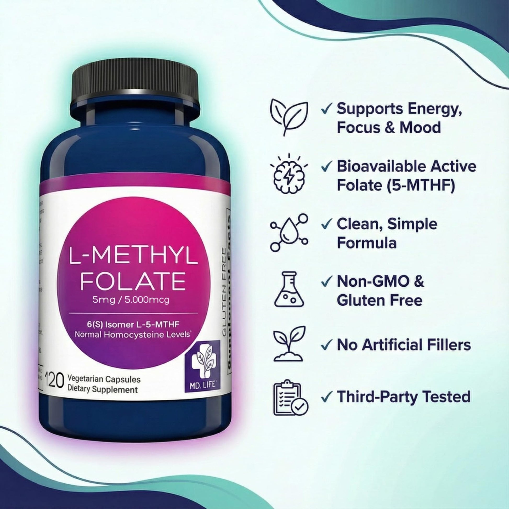 MD Life L-Methylfolate 5 mg Supplement - Professional-Grade Active L Methylfolate Supplement - 120 Capsules - L-Methylfolate 5mg - Maximum Potency MTHFR W/Essential Amino Acids MD.LIFE uk supplements