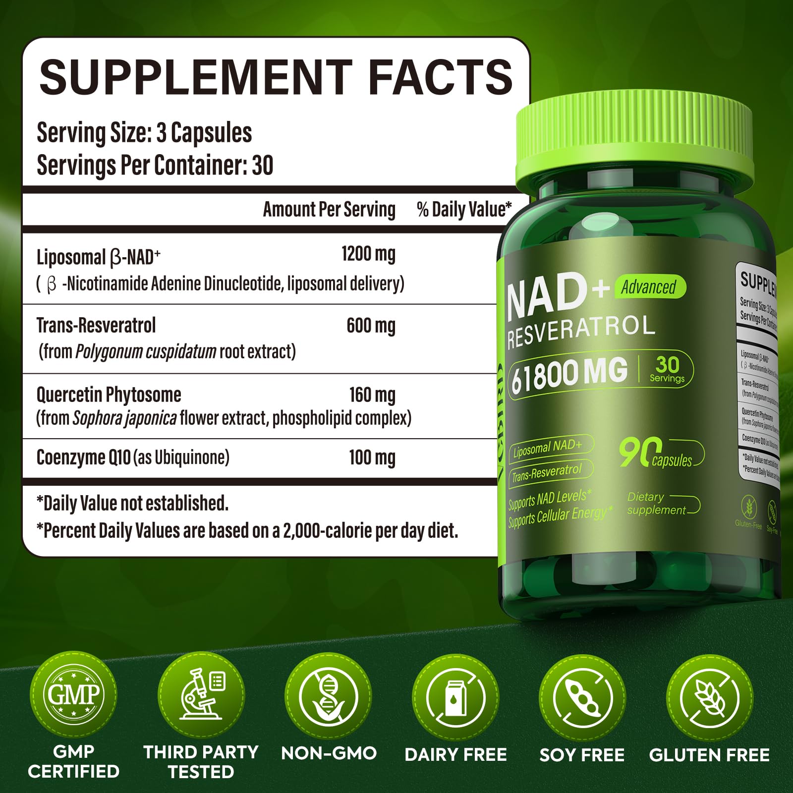 Nad Resveratrol Supplement 61800mg Per Bottle – Liposomal Nad+ Resveratrol for Women & Men – High Purity 1200mg Nad+ Supplement for Energy & Healthy Aging, Resveratrol, Quercetin, CoQ10 – 90 Counts VCBIRD uk supplements