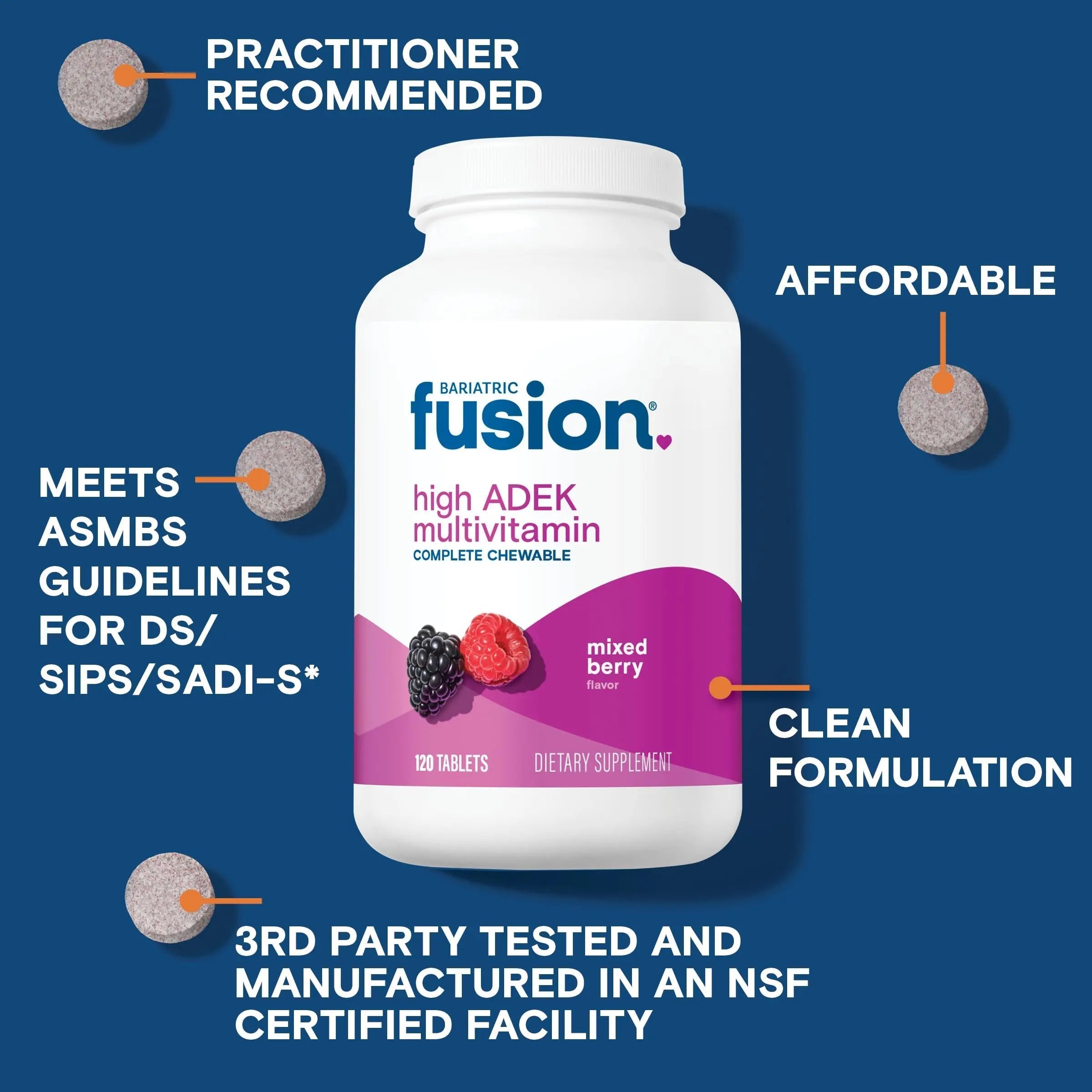 Bariatric Fusion Chewable Multivitamin with High ADEK Vitamins | Multi for Duodenal Switch Patients | Mixed Berry Flavored Tablets | Bariatric Fusion uk supplements