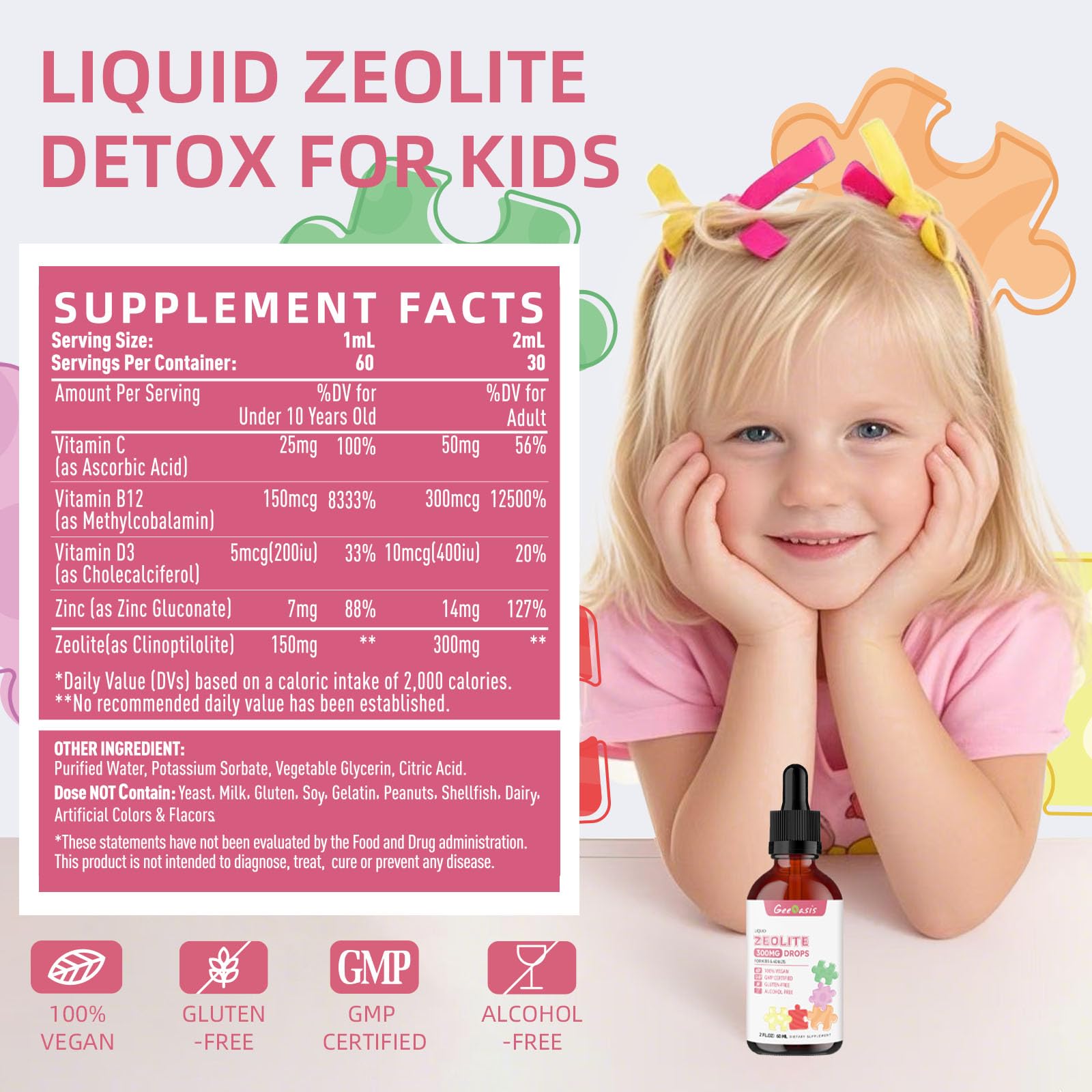 Geeoasis Zeolite Detox for Kids & Adults, 300 mg Zeolite Clinoptilolite Liquid with Vitamin B12 & D3, Vitamin C & Zinc Gluconate, Immune Support & Gut Health, Natural Strawberry Flavor, 2 Fl Oz Geeoasis uk supplements