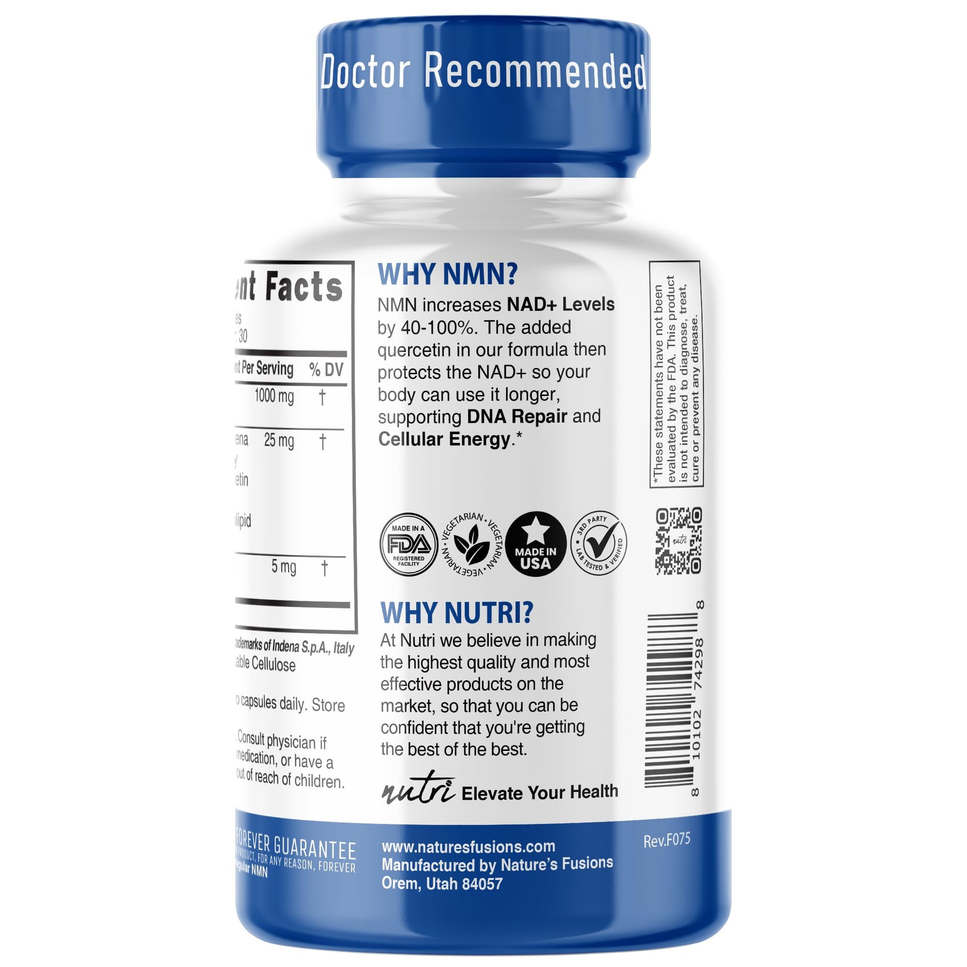 NMN Supplement 1000mg NAD Supplement - Nutri Ultra High Absorption Stabilized NMN Nicotinamide Mononucleotide, 40% More NAD+ with Quercetin Phytosome & Black Pepper - mnm supplement (60 Capsules) Nature's Fusions uk supplements