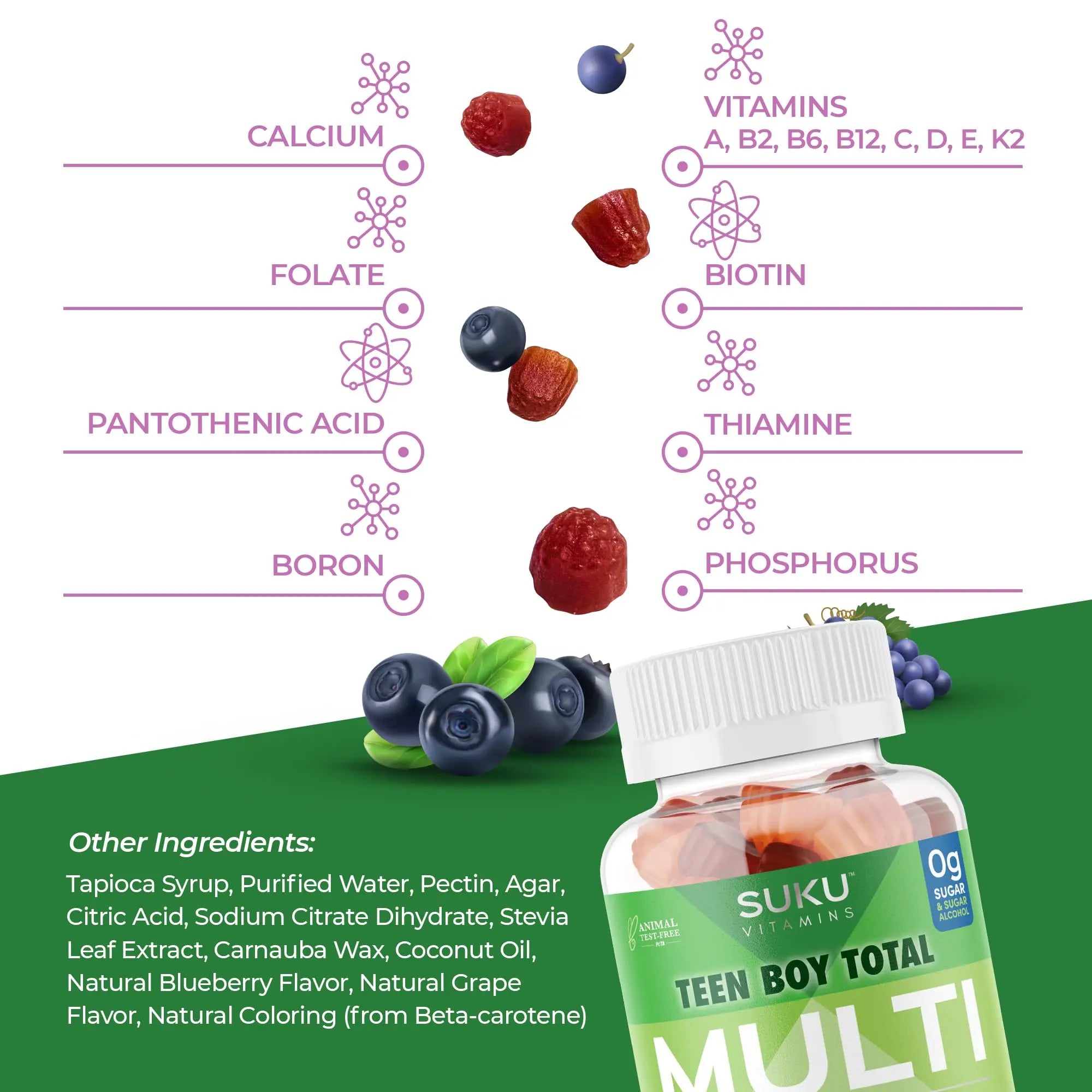 SUKU Teen Boy Multivitamin Gummies – Vitamins A, B12, C, D3, E, Zinc & Biotin – Sugar-Free Vegetarian Supplement SUKU uk supplements