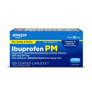 Amazon Basic Care Ibuprofen PM, Ibuprofen 200 mg and Diphenhydramine Citrate 38 mg, Pain Reliever and Nighttime Sleep-Aid, Capsule-Shaped Tablets, 120 Count Amazon Basic Care uk supplements