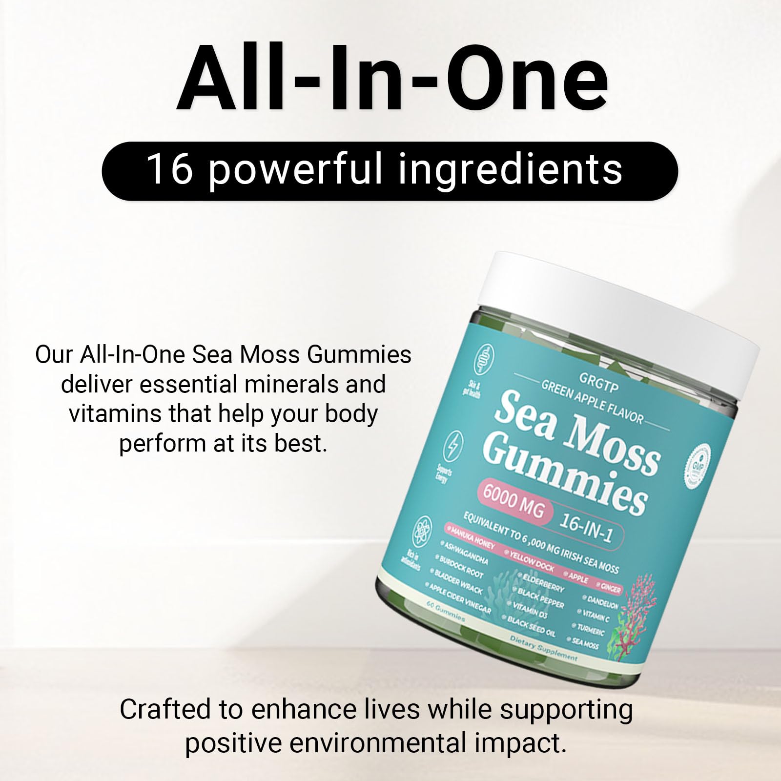 Sea Moss Gummies 16-in-1 - Ashwagandha Black Seed Oil Bladder Wrack Turmeric Vitamin C & D3 with Manuka Burdock Root Dandelion Yellow Dock Natural Detox & Liver Health Immune Support, Energy Boost GRGTP uk supplements