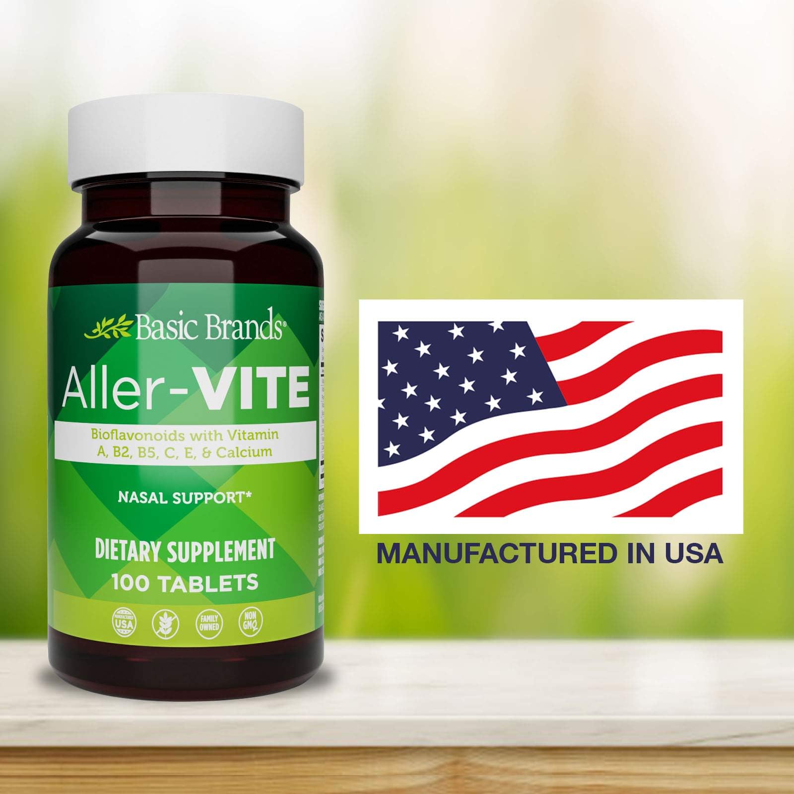 Basic Brands Aller Vite Nasal Support Tablets for Seasonal Allergy Relief, High Bioflavonoid Complex with Vitamins and Calcium, Gluten Free Daily Supplement, 100 Tablets Basic Brands uk supplements