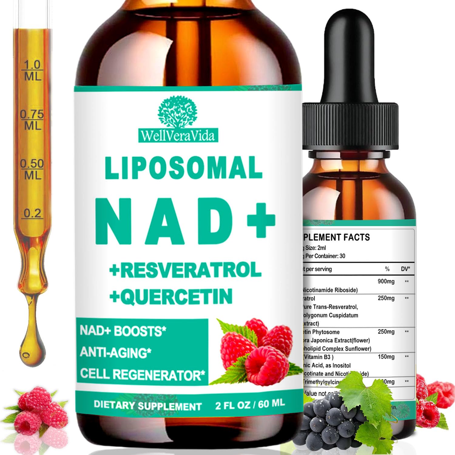 NAD Supplements for Women & Men, Liposomal NAD Nicotinamide Riboside Resveratrol 900mg, TMG, Quercetin, Vitamin B3, Organic Liquid NAD Resveratrol Supplement for Longevity, Energy, Anti-Aging, Focus WellVeraVida uk supplements