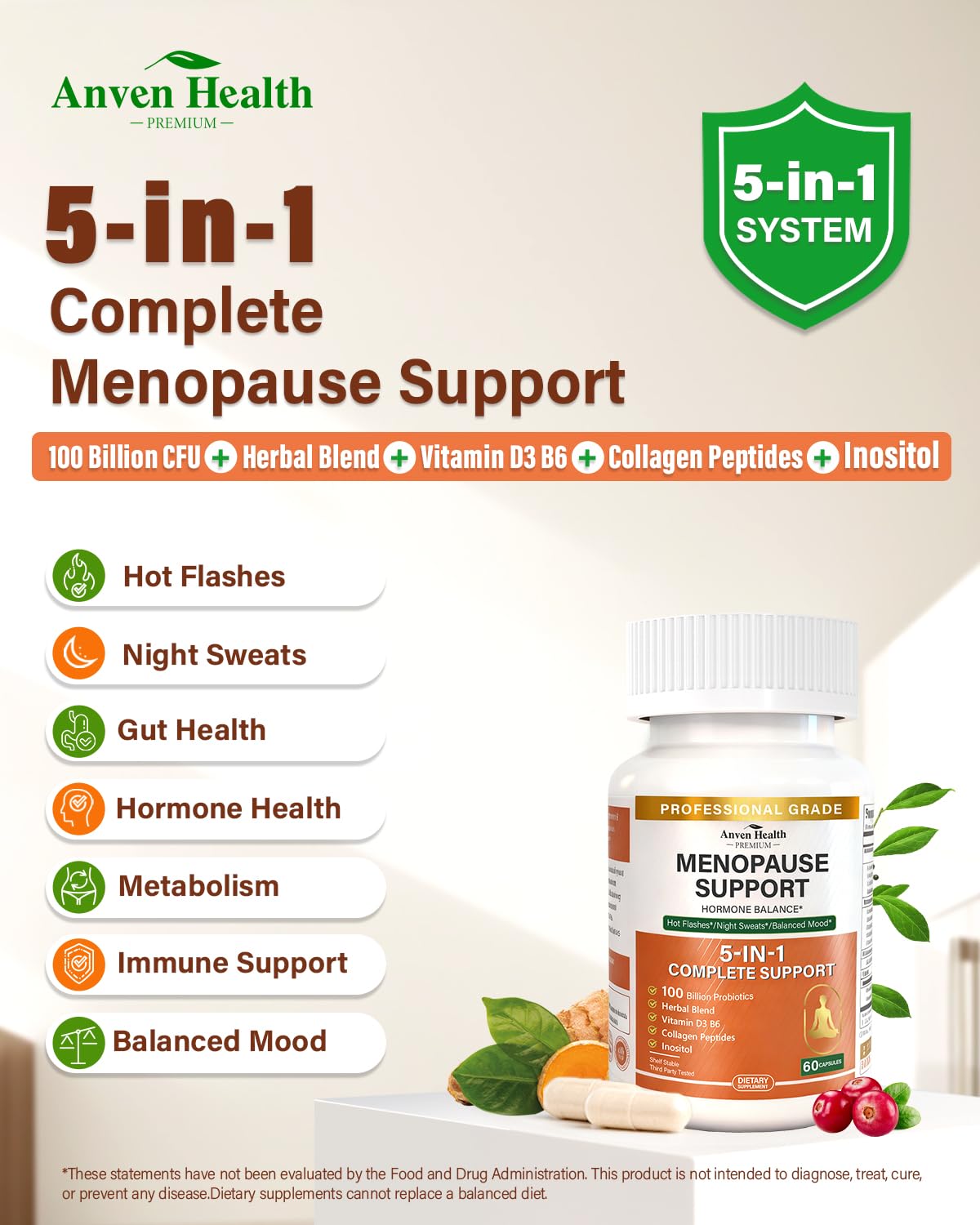 Anven Health Menopause Supplements for Women, Vitamin D3 & B6, Menopause Relief Probiotics Supports Hot Flashes, Night Sweats, Bloating & Gut Health with Black Cohosh, Herbs, Collagen | 60 Veggie Caps Anven Health uk supplements