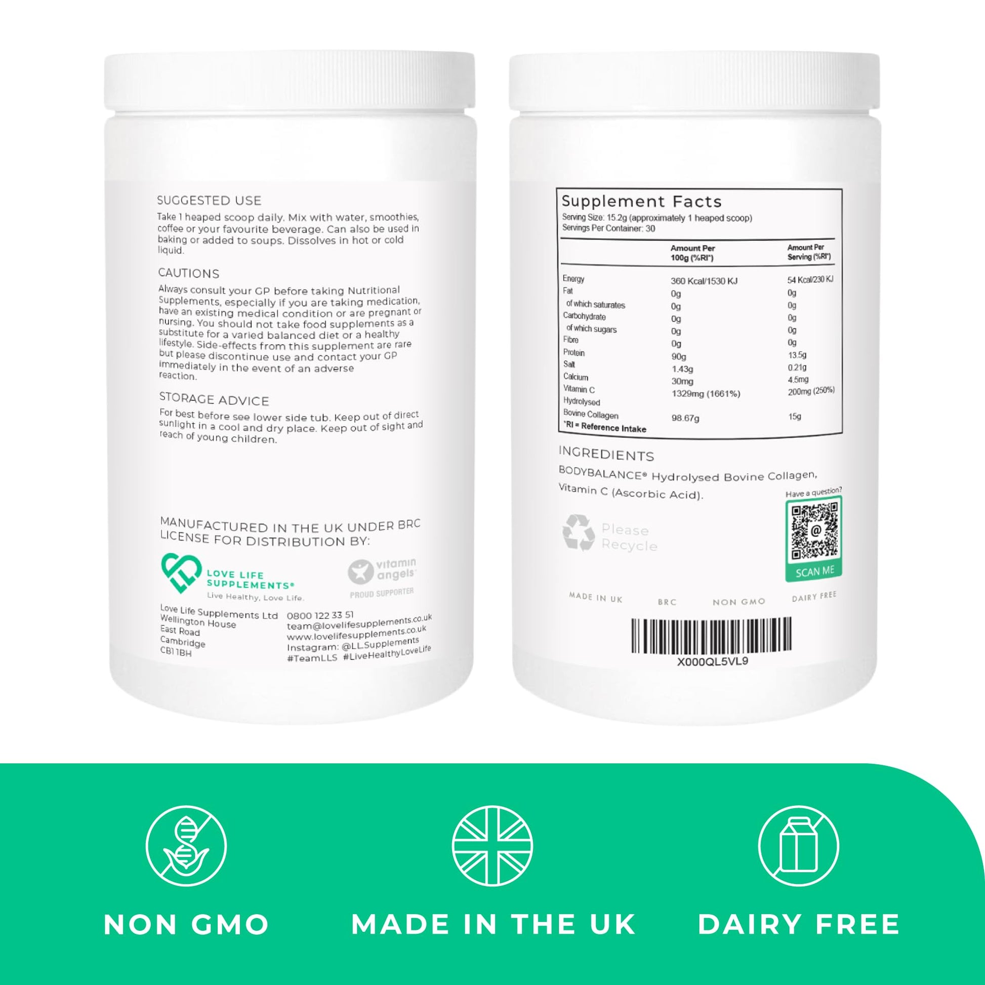 BODYBALANCE® Collagen Powder by LLS - Hydrolysed Bovine Collagen Peptides Types 1 & 3 with Vitamin C - Joint, Ligament LOVE LIFE SUPPLEMENTS uk supplements