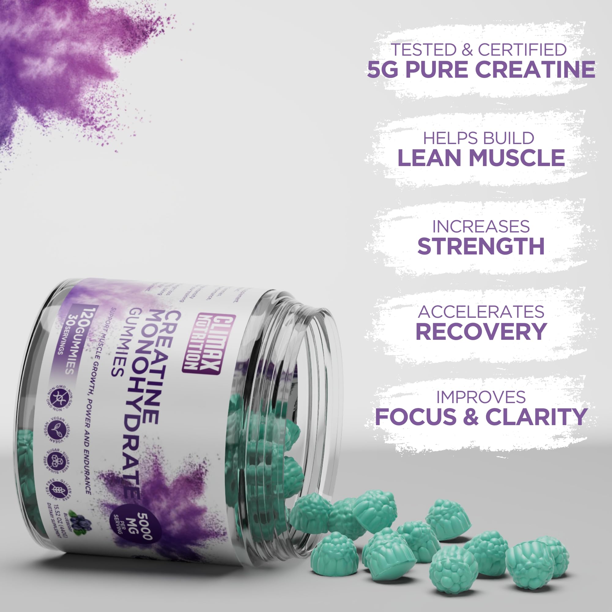 Creatine Monohydrate Gummies - Vegan, Sugar-Free, Gluten-Free - Boosts Muscle Recovery, Strength & Lean Muscle Growth - Brain Health Support - for Men & Women - Blueberry Flavor - 120 Gummies CLIMAX NUTRITION uk supplements