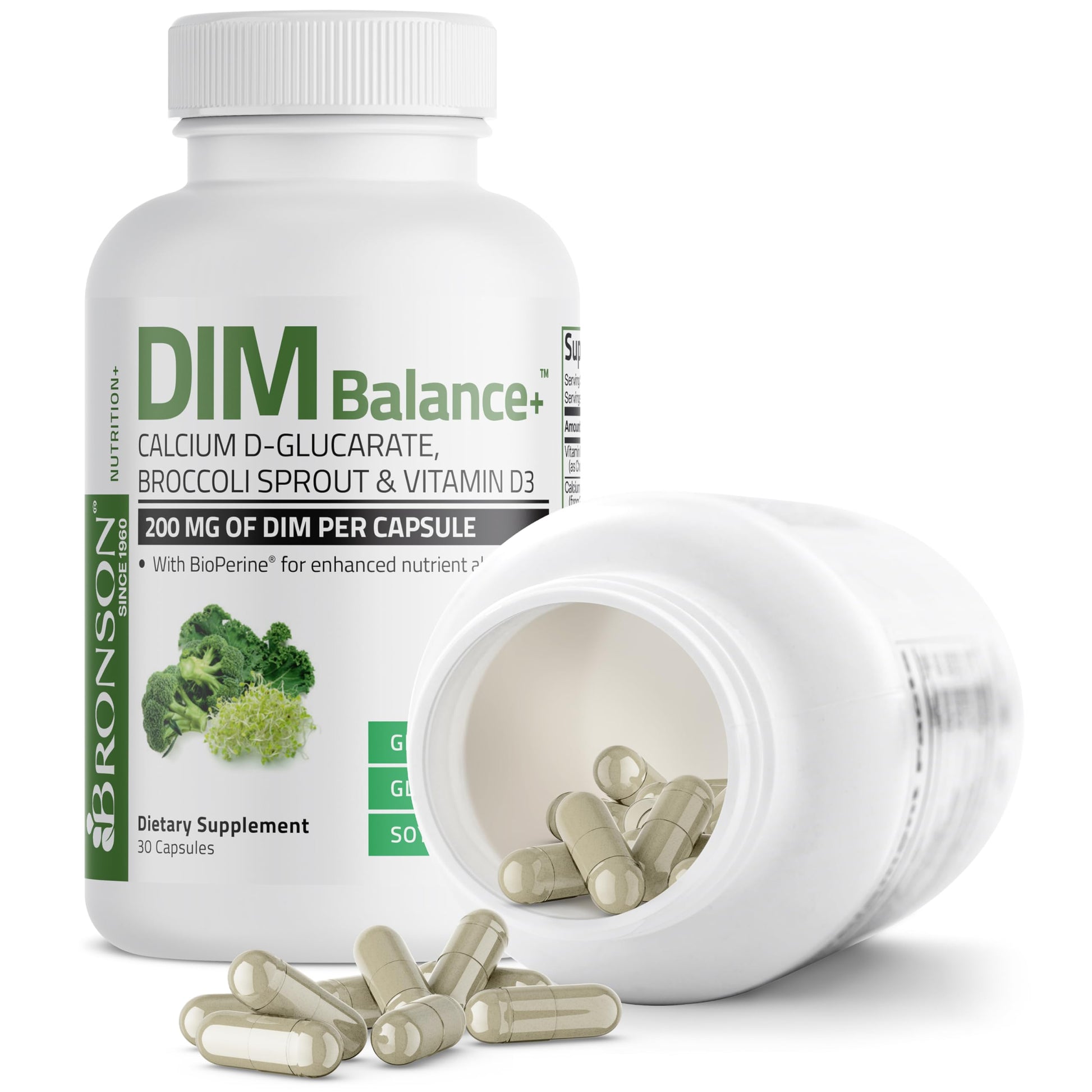 Bronson DIM Balance+ Calcium D-Glucarate, Broccoli Sprouts and Vitamin D3 200 MG of DIM per Capsule Supports Estrogen Metabolism and Balanced Hormone Levels Non-GMO, 30 Vegetarian Capsules Bronson uk supplements