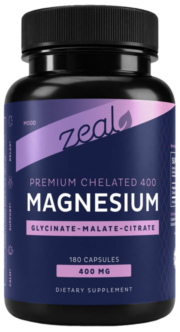 Zeal Naturals Triple Magnesium Complex Supplement - Glycinate, Malate, Citrate | 400mg, 180 Capsules | High Absorption Chelated Magnesium for Sleep, Mood, Muscle Recovery, Relaxation Zeal Naturals uk supplements