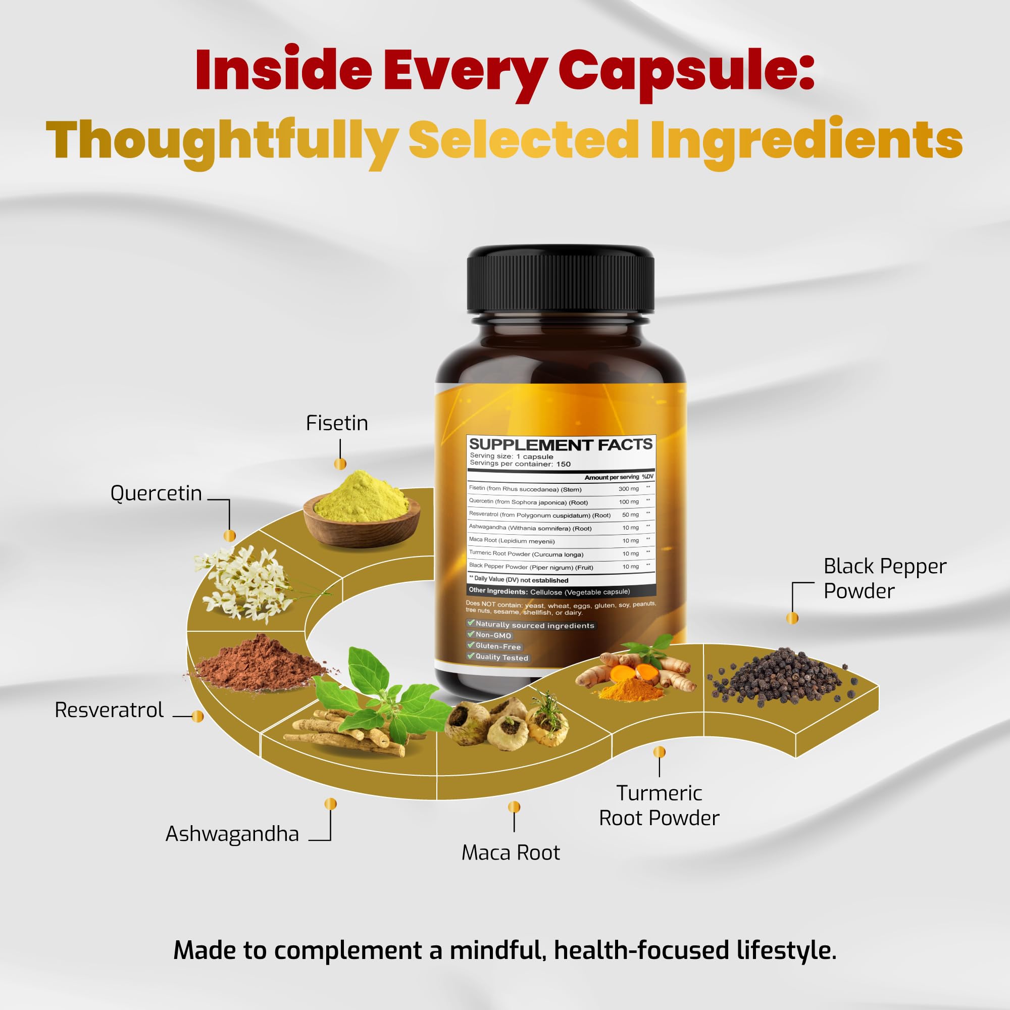 VEGATOT Organic Fisetin Complex 7-in-1 Formula | with Quercetin, Resveratrol, Ashwagandha, Maca Root, Turmeric, Black Pepper | 150 Capsules | Non-GMO, Gluten-Free VEGATOT uk supplements