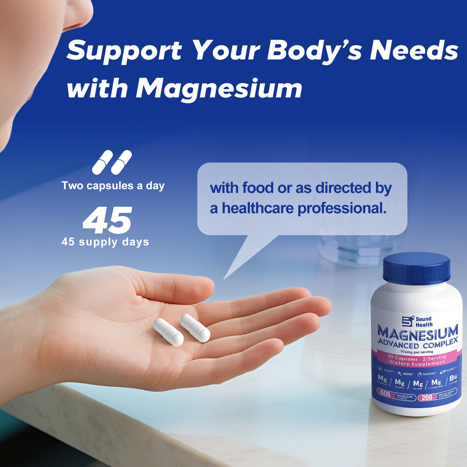 Magnesium Complex Capsule 5 in 1 Magnesium Supplement from Magnesium Glycinate, Citrate, Malate, L-Threonate & Vitamin B6, High Absorption Magnesium Supplement, Non-GMO, Vegan Sound Health Plus uk supplements