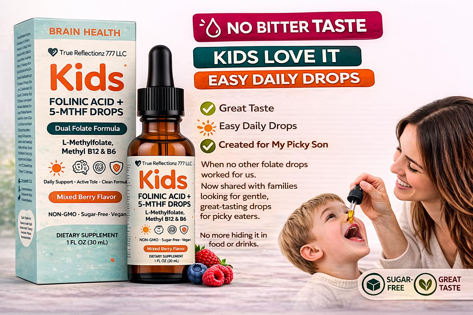 Folinic Acid Drops Kids 800 mcg + L-Methylfolate + B12 +P5P B6 Gentle Methylation Great Taste, Magnesium Glycinate, Vitamin D3 & C Folate Support for Brain,Focus, Mood & Cellular Health 5-MTHF Drops True reflectionz uk supplements