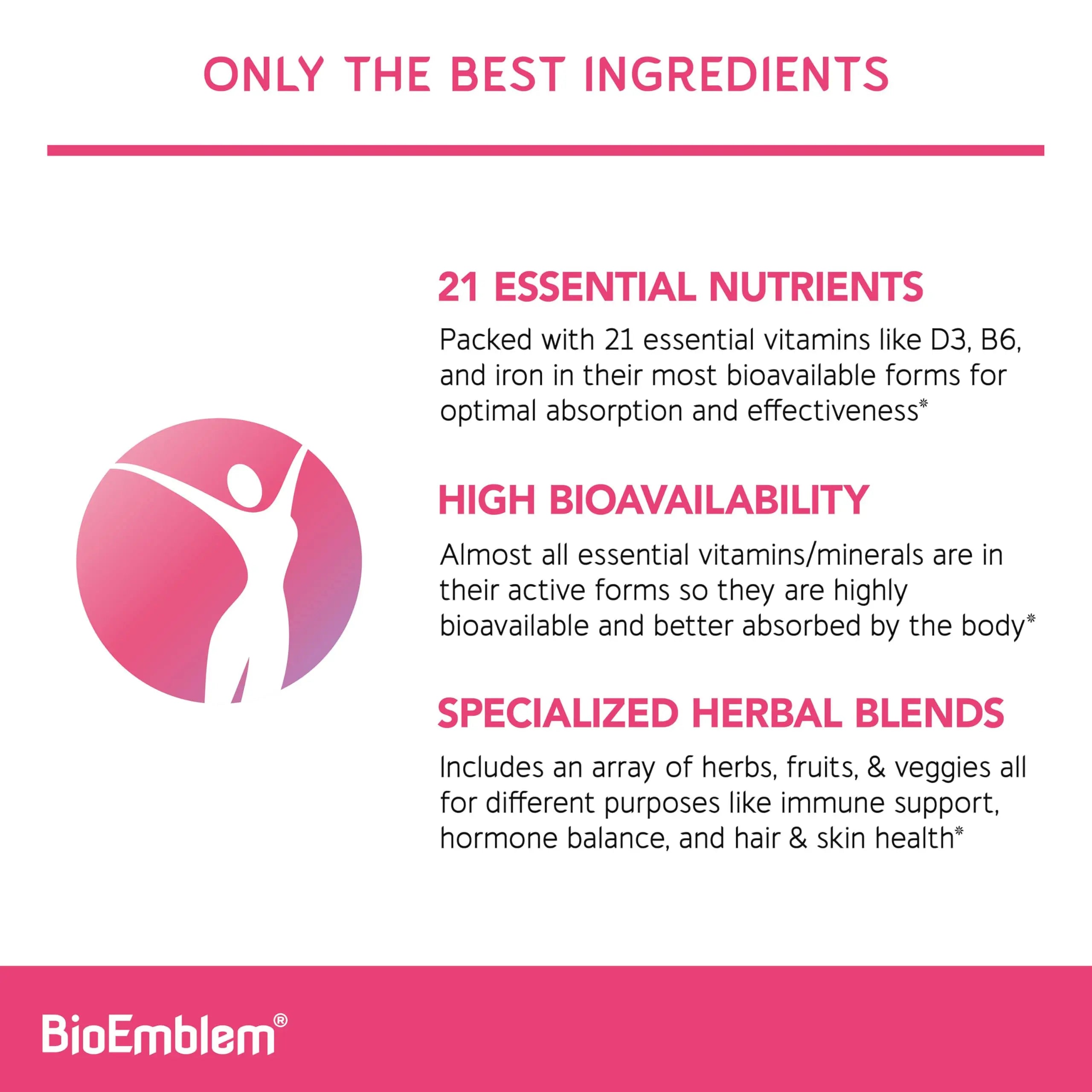 BioEmblem Women's Multivitamin - Complete Daily Multi for Immunity, Energy, Hair, Skin with Vitamin A, B12, B6, D3, Biotin BioEmblem uk supplements
