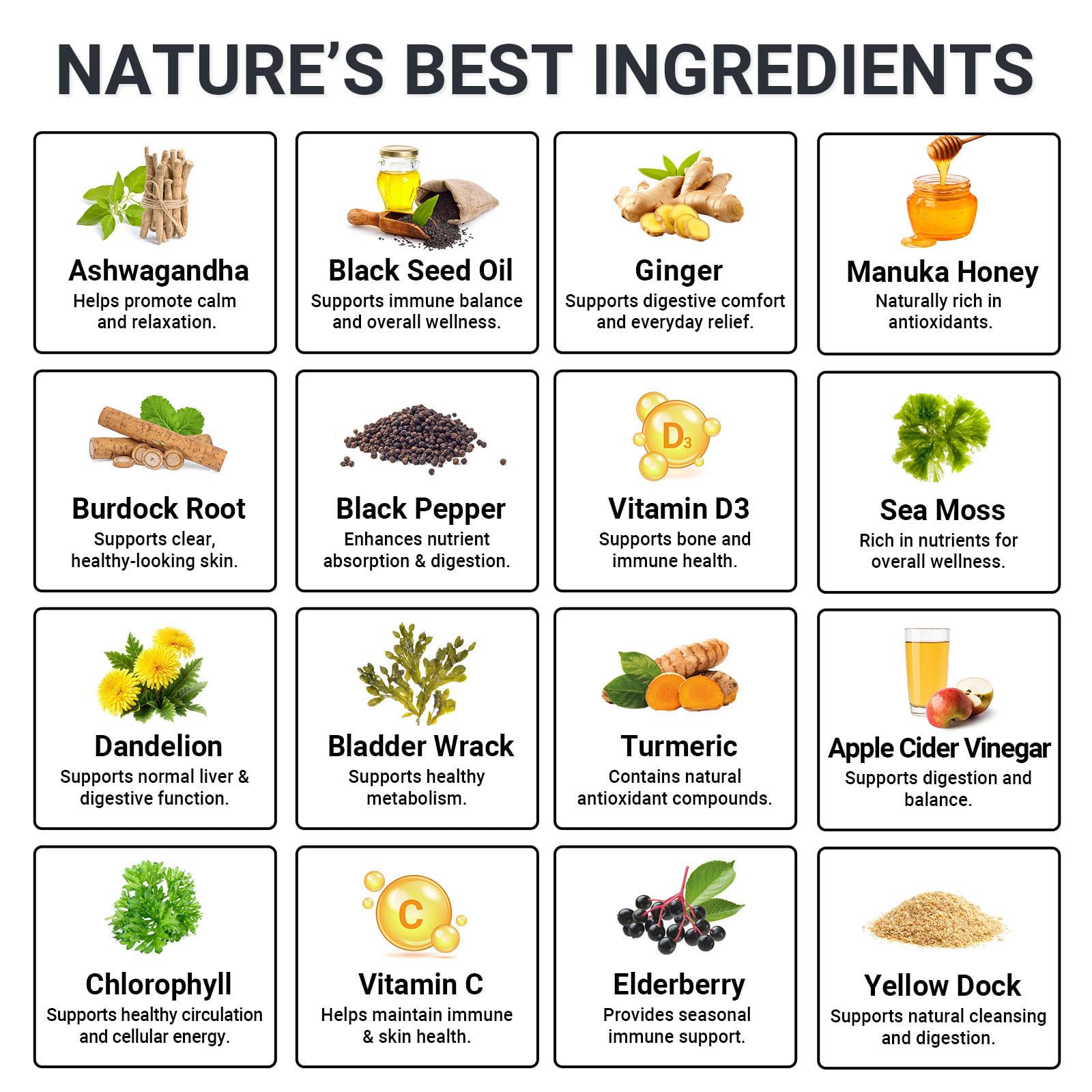 Sea Moss Gummies 16-in-1 - Ashwagandha Black Seed Oil Bladder Wrack Turmeric Vitamin C & D3 with Manuka Burdock Root Dandelion Yellow Dock Natural Detox & Liver Health Immune Support, Energy Boost GRGTP uk supplements