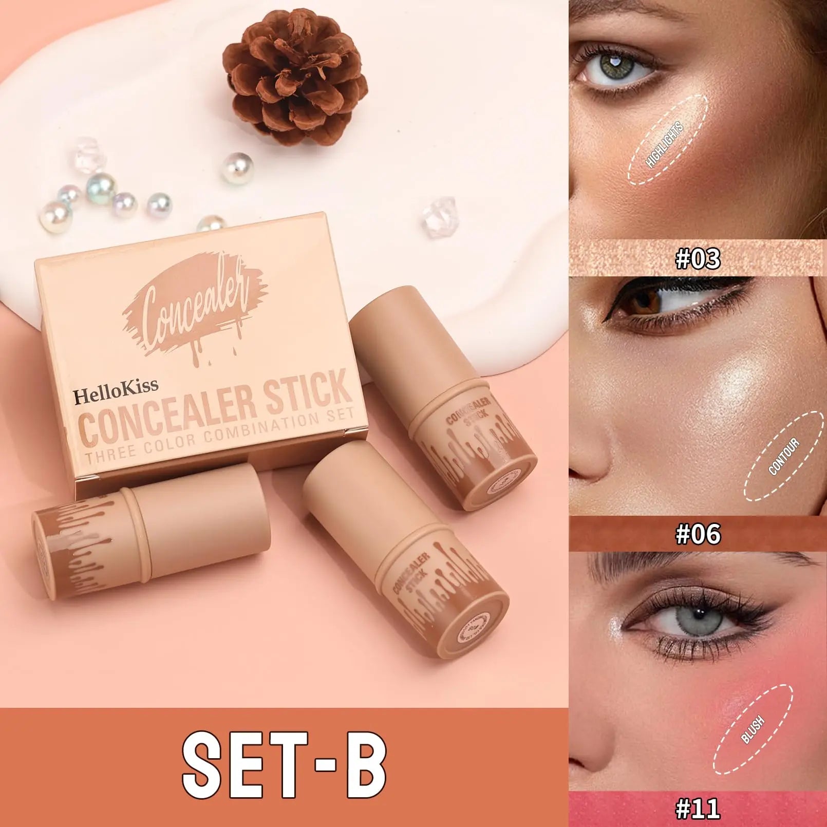 3Pcs Cream Contour Sticks Kit, Highlighter Stick Blush Stick Cream Contour Kit Makeup Set with Brush,Face Brightens & Shades Contour Stick Waterproof for Women QIC uk supplements