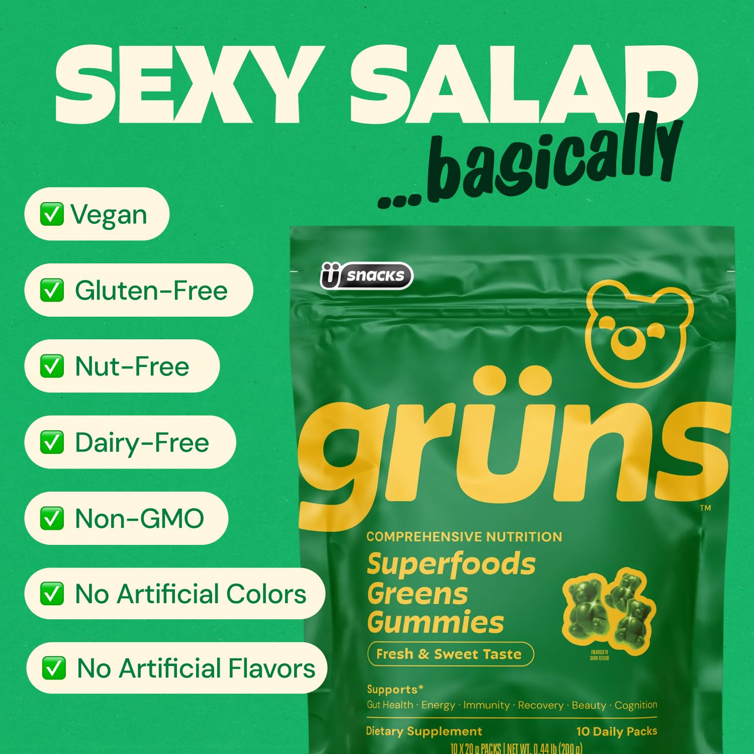 Gruns Adults Super Greens Gummies, Multivitamin Superfood Gummy Bears, Spirulina, Chlorella, Prebiotics & Fiber Gummies for Digestive Health, Adaptogens Supplement, 20 Vitamins & Minerals, 10 Count Grüns uk supplements