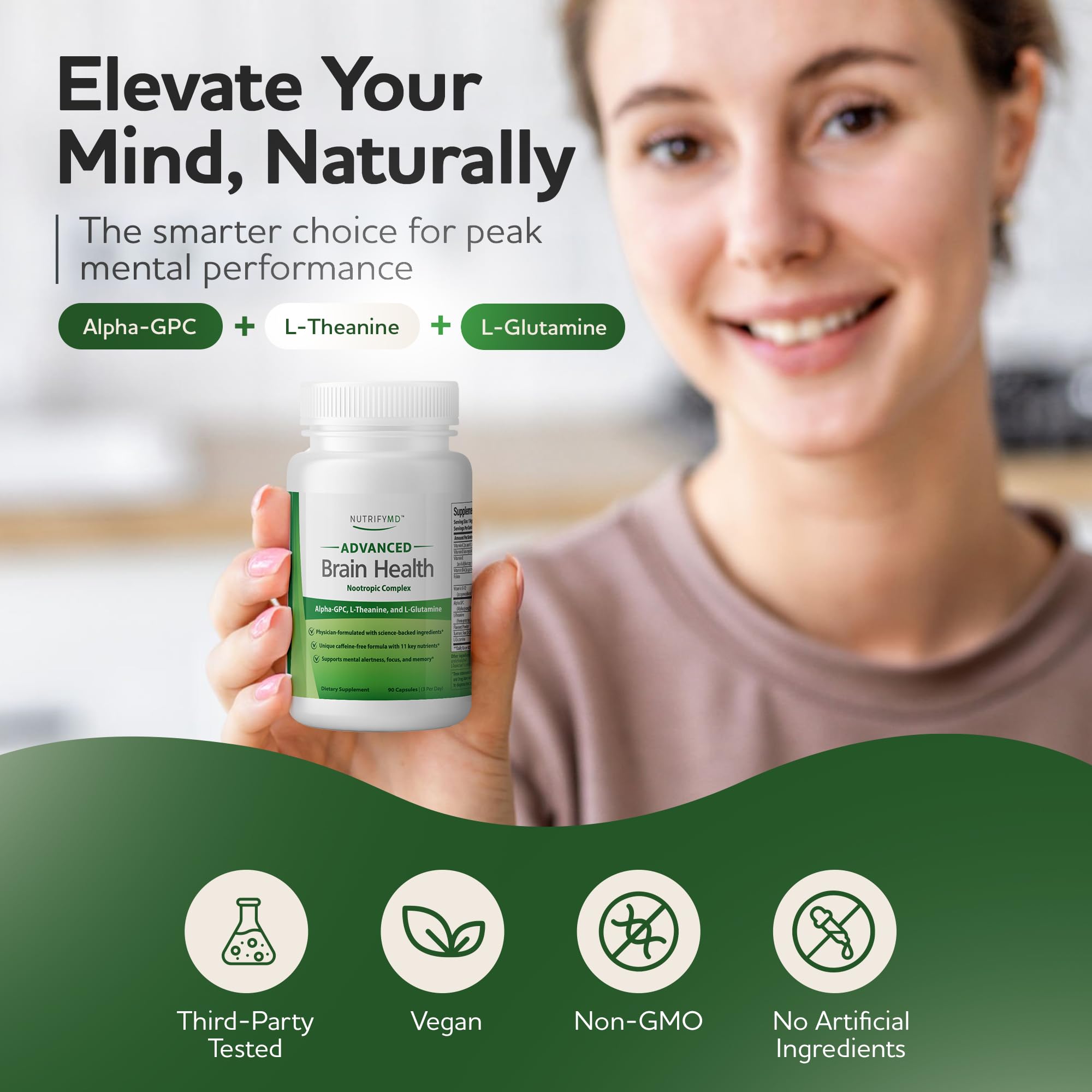 Advanced Brain Health Supplement with Alpha GPC, L-Theanine, L-Glutamine for Memory and Focus - 90 Capsules NutrifyMD uk supplements
