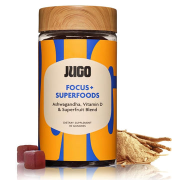 JUGO Focus + SUPERFOODS Ashwagandha Gummies with Vitamin D3 & Superfruit Blend, Vegetarian-Friendly Focus Supplement with Adaptogens, Gelatin-Free and Gluten-Free, Non-GMO, Made in USA, 40 Coun JUGO LLC uk supplements
