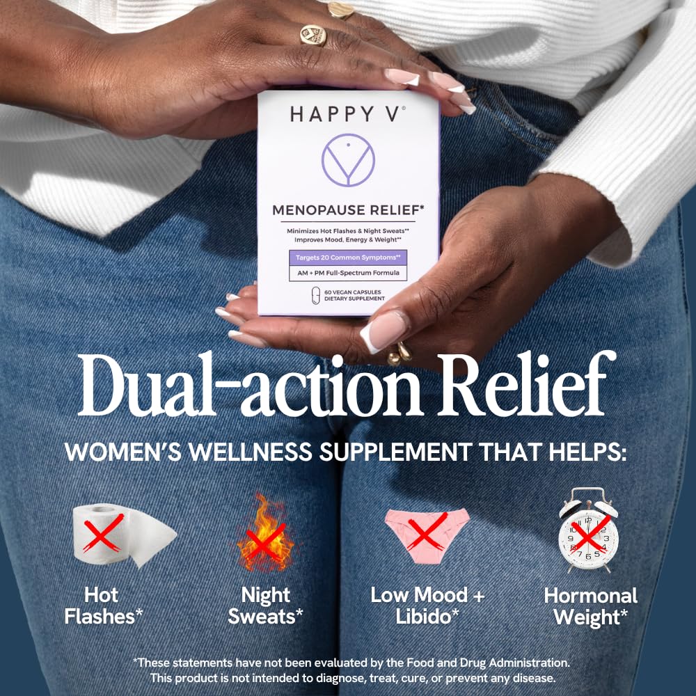 Happy V Menopause Relief Supplement for Women – Hormone Balance, Hot Flash & Night Sweat Support, Mood & Energy Booster, Vaginal Wellness, Perimenopause & Postmenopause Support – 60 Vegan Capsules Happy V uk supplements