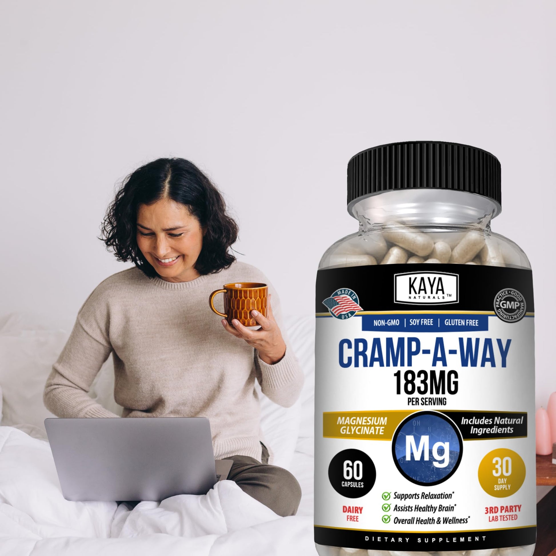 Kaya Naturals Cramp-A-Way Magnesium Glycinate 183mg (60 Count (Pack of 1) Kaya Naturals uk supplements
