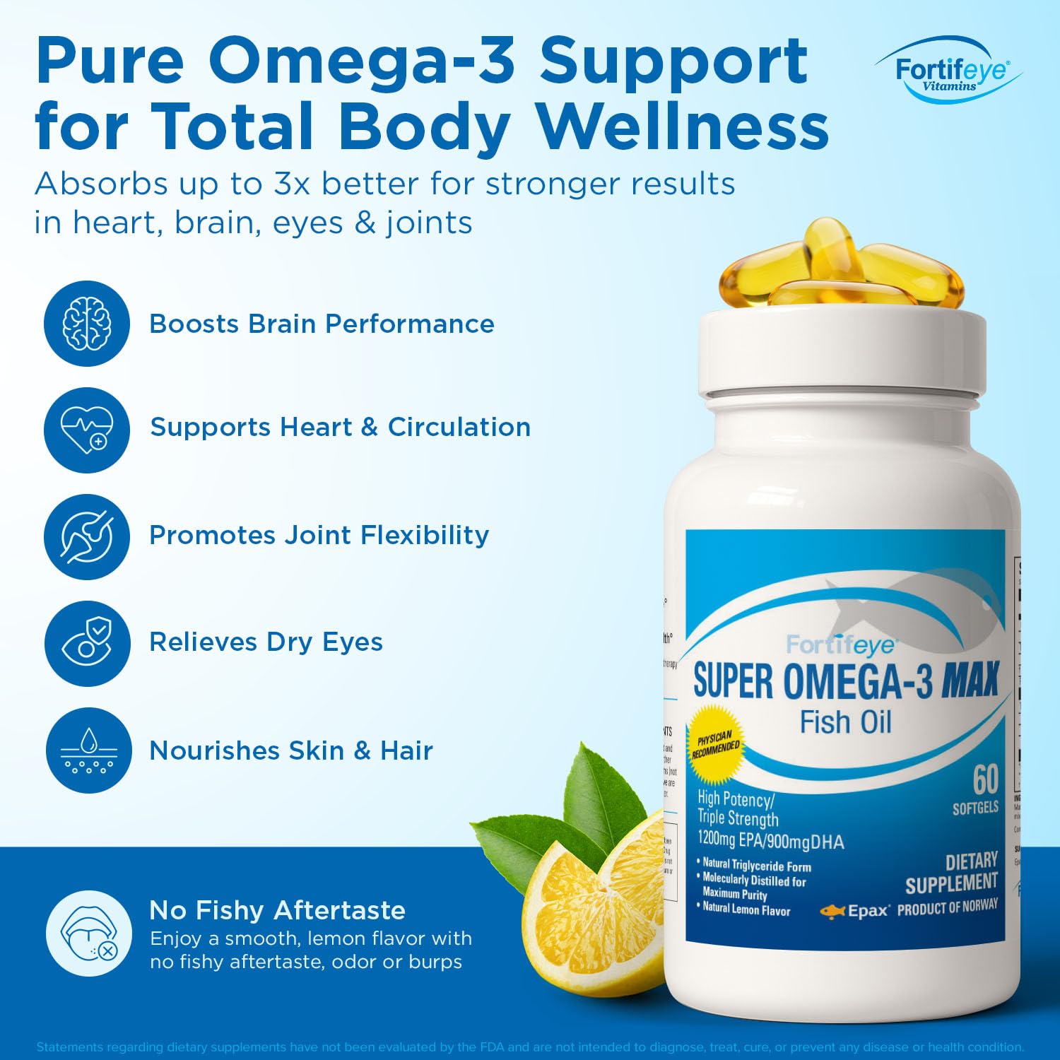Super Max Omega-3 Fish Oil 2400 mg 30 Days, 60 Capsules - High Potency Fish Oil Omega 3 Supplements for Women & Men, Triglyceride Form with EPA and DHA Supplements No Fishy After Taste Lemon Flavor Fortifeye Vitamins uk supplements