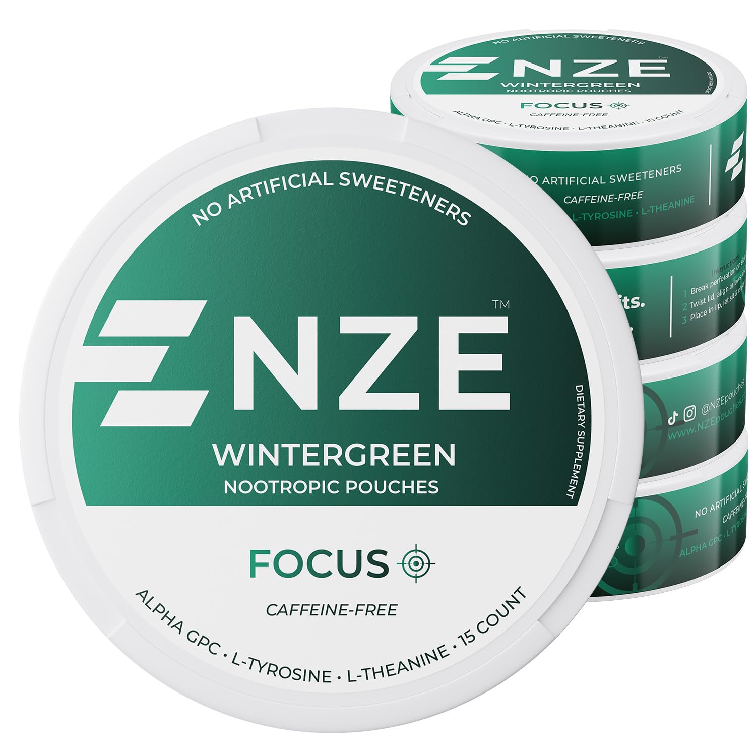 NZE Caffeine Free Nootropic Pouches (Wintergreen) - Nootropic Pouches with Alpha GPC, L-Tyrosine & L-Theanine - No Sugar or Artificial Sweeteners - 15 Pouches Per Can - 5 Pack NZE uk supplements