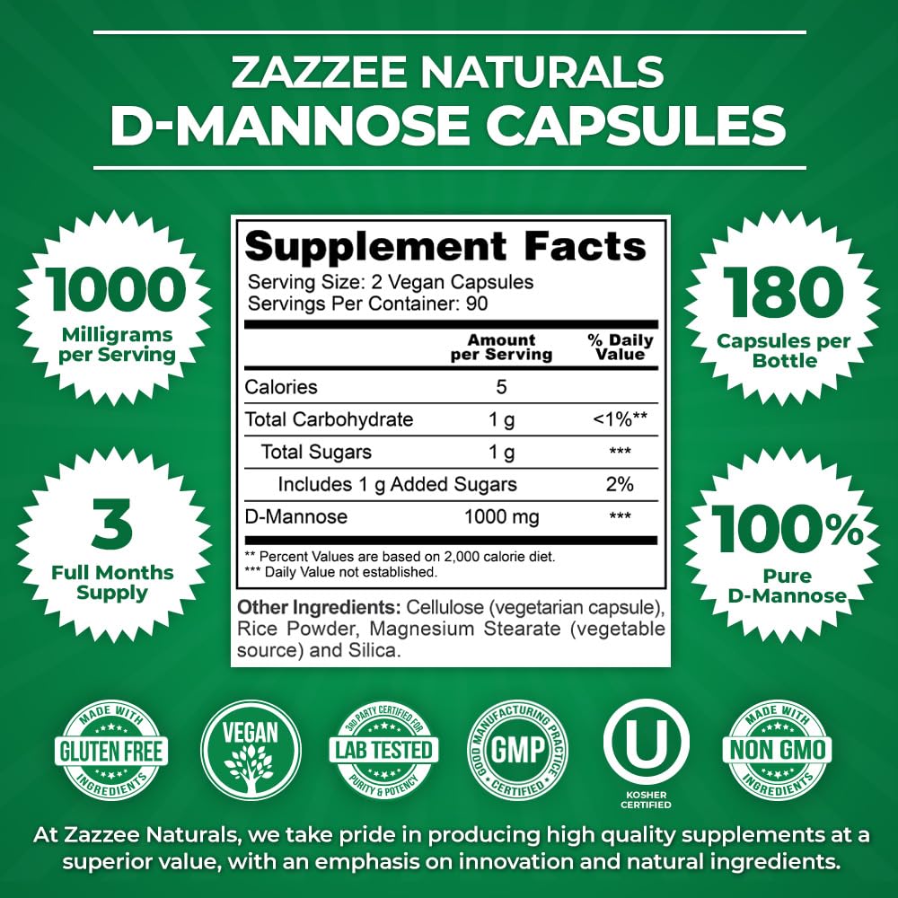 Zazzee D-Mannose, 1000 mg per Serving, 180 Vegan Capsules, 3 Month Supply, Potent Zazzee uk supplements