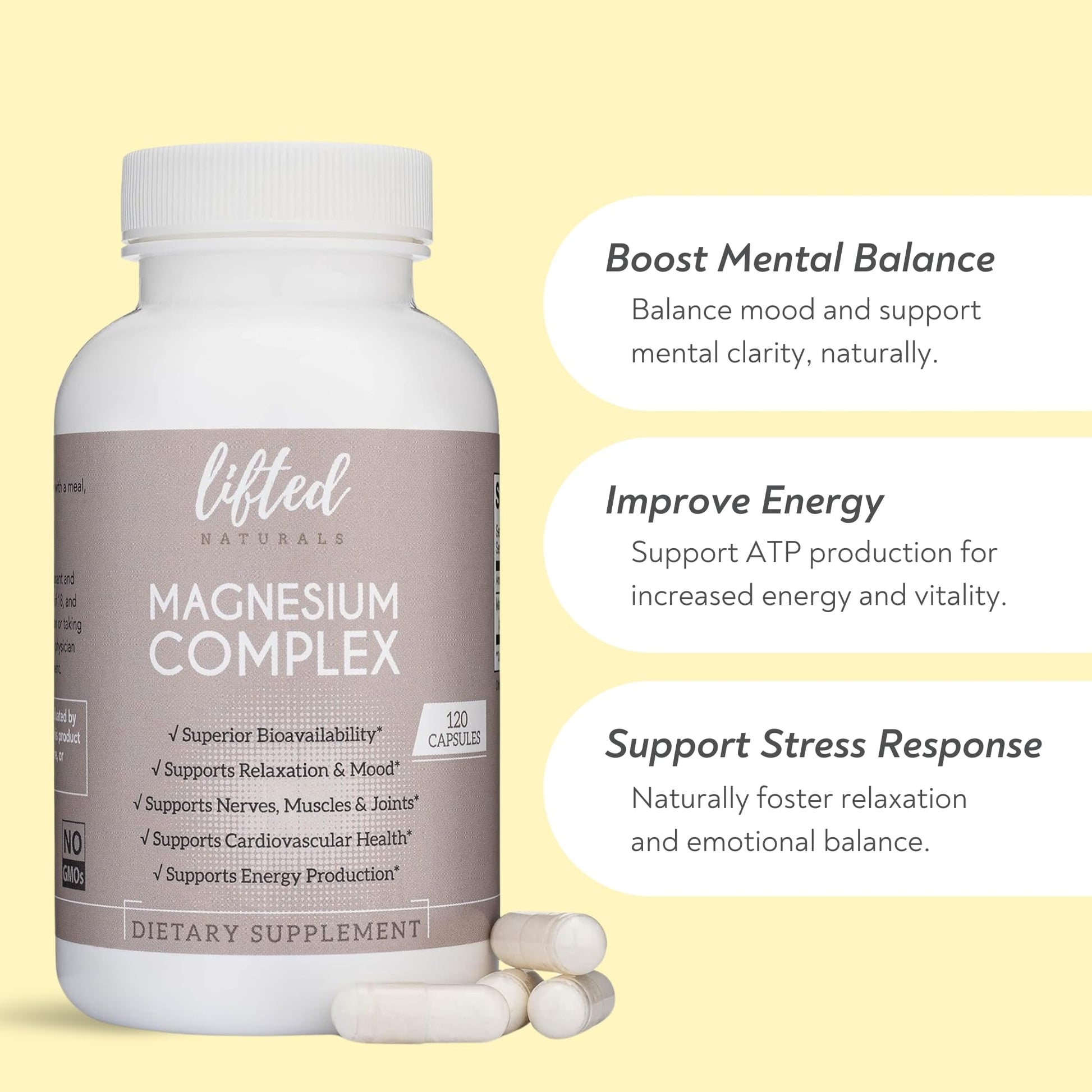 Magnesium Complex - Lifted Naturals Magnesium Supplement w/Bisglycinate, Malate, Taurate - 120 Capsules - Bioavailable Magnesium Formula for Mood, Sleep, Energy Support* Lifted Naturals uk supplements