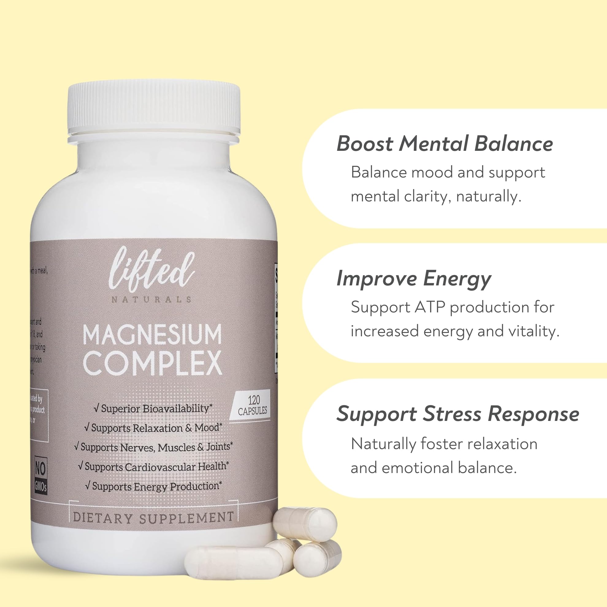 Magnesium Complex - Lifted Naturals Magnesium Supplement w/Bisglycinate, Malate, Taurate - 120 Capsules - Bioavailable Magnesium Formula for Mood, Sleep, Energy Support* Lifted Naturals uk supplements