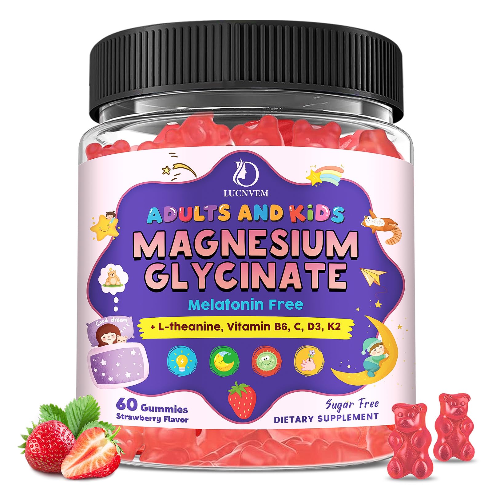 Magnesium Glycinate Gummies for Kids 4+ & Adults- Magnesium Glycinate 150/300 mg for Natural Sleep, Relaxation & Calm Support, Melatonin Free, Sugar Free Strawberry Flavor, 60 Ct LUCNVEM uk supplements