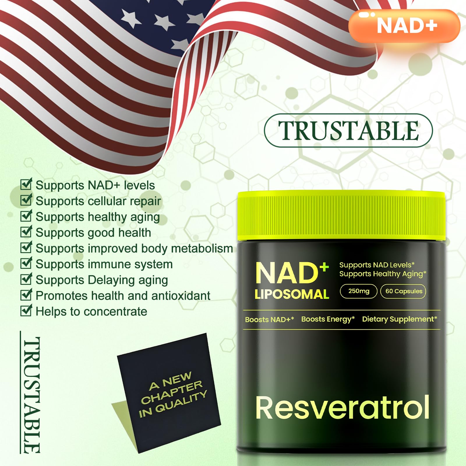 Lyndops NAD Supplement, Liposomal Nicotinamide Riboside Resveratrol 250mg, NMN Alternative, High Purity NAD Supplement for Women & Men, Anti-Aging, Cellular Energy, Mental Focus - 60 Capsules Lyndops uk supplements
