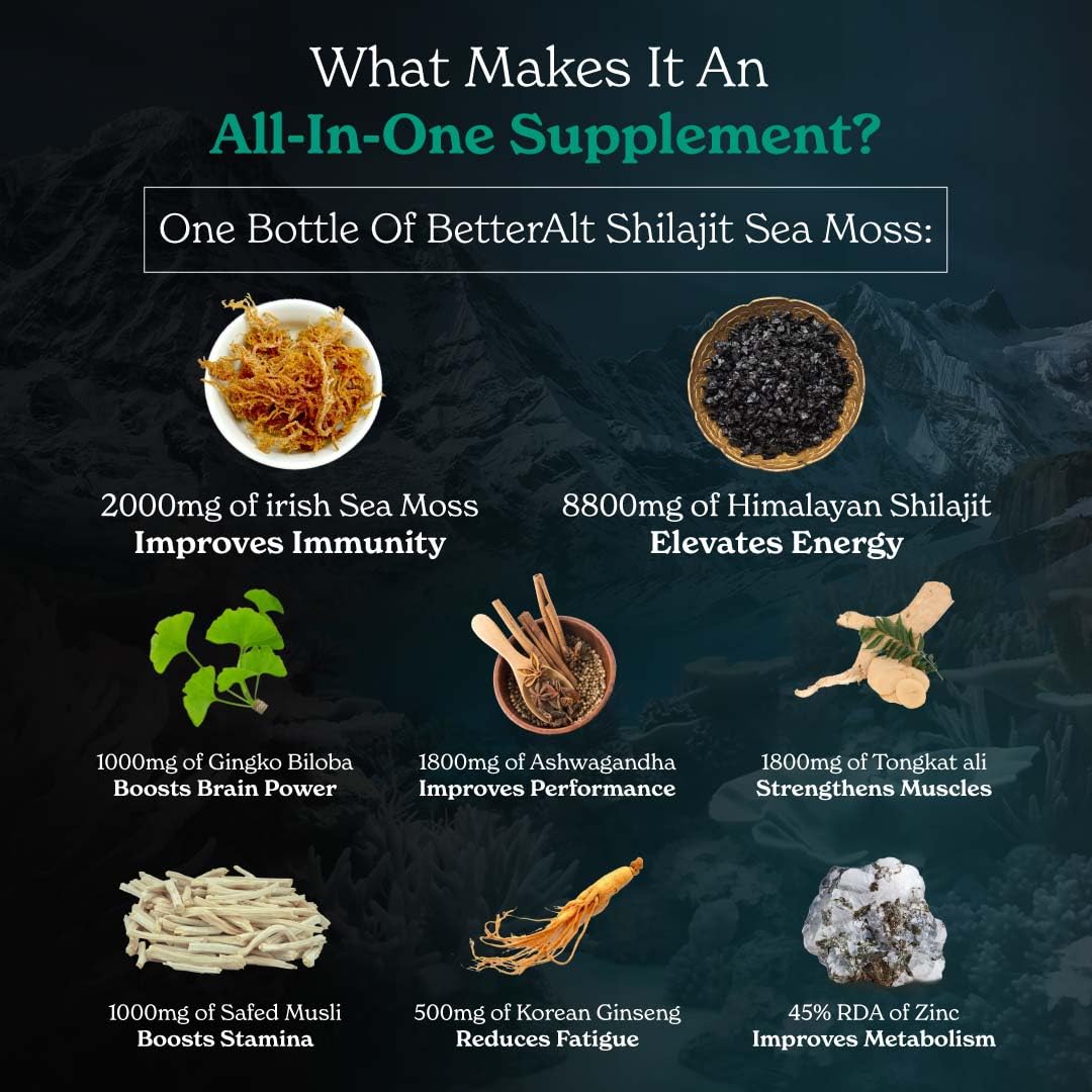 Better Alt Shilajit Sea Moss Capsules Pack of 2 with Ashwagandha & Black Pepper Extract with 85+ Essential Minerals & Antioxidants| Boosts Energy & Metabolism - 120 Servings, 240 Capsules Better Alt uk supplements