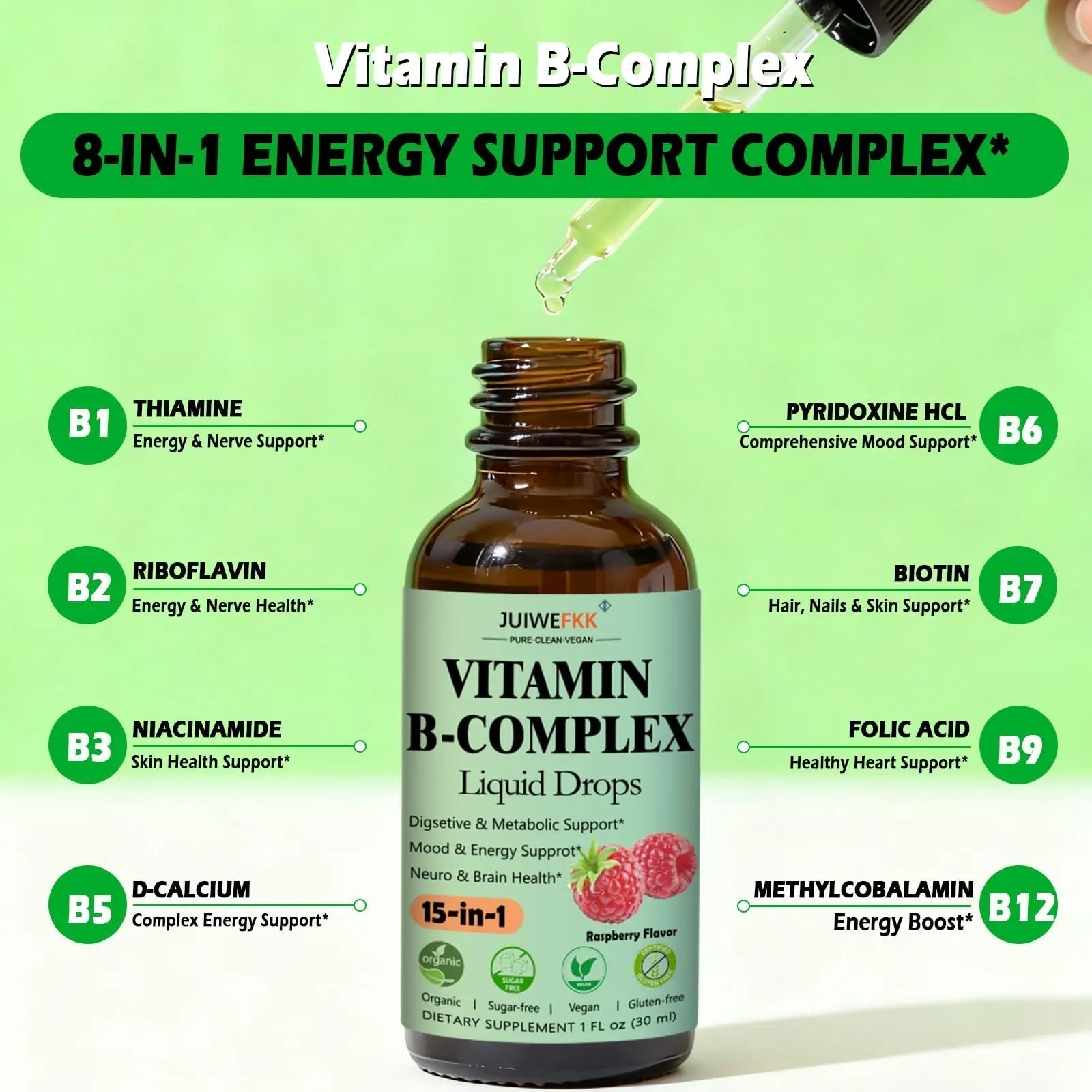 Vitamin B Complex Liquid Drops for Women Men & Kids, 15-in-1 VIT B Complex with Vitamin C B12 B6 B1 Niacin Folate Magnesium JUIWEFKK uk supplements