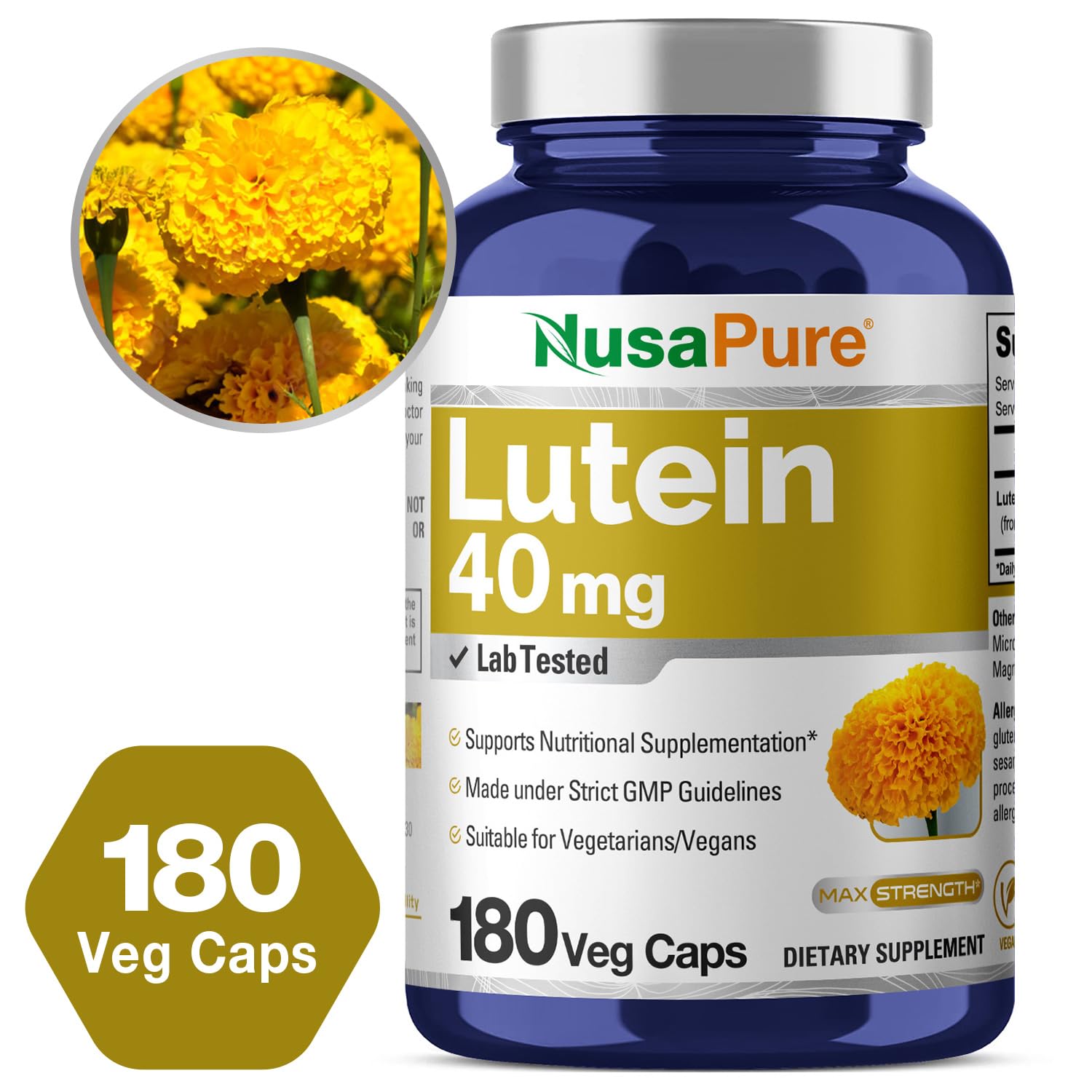 NusasPure Lutein - Suitable for Vegetarian/Vegan, Non - GMO - 40 mg - 180 Capsules NusaPure uk supplements
