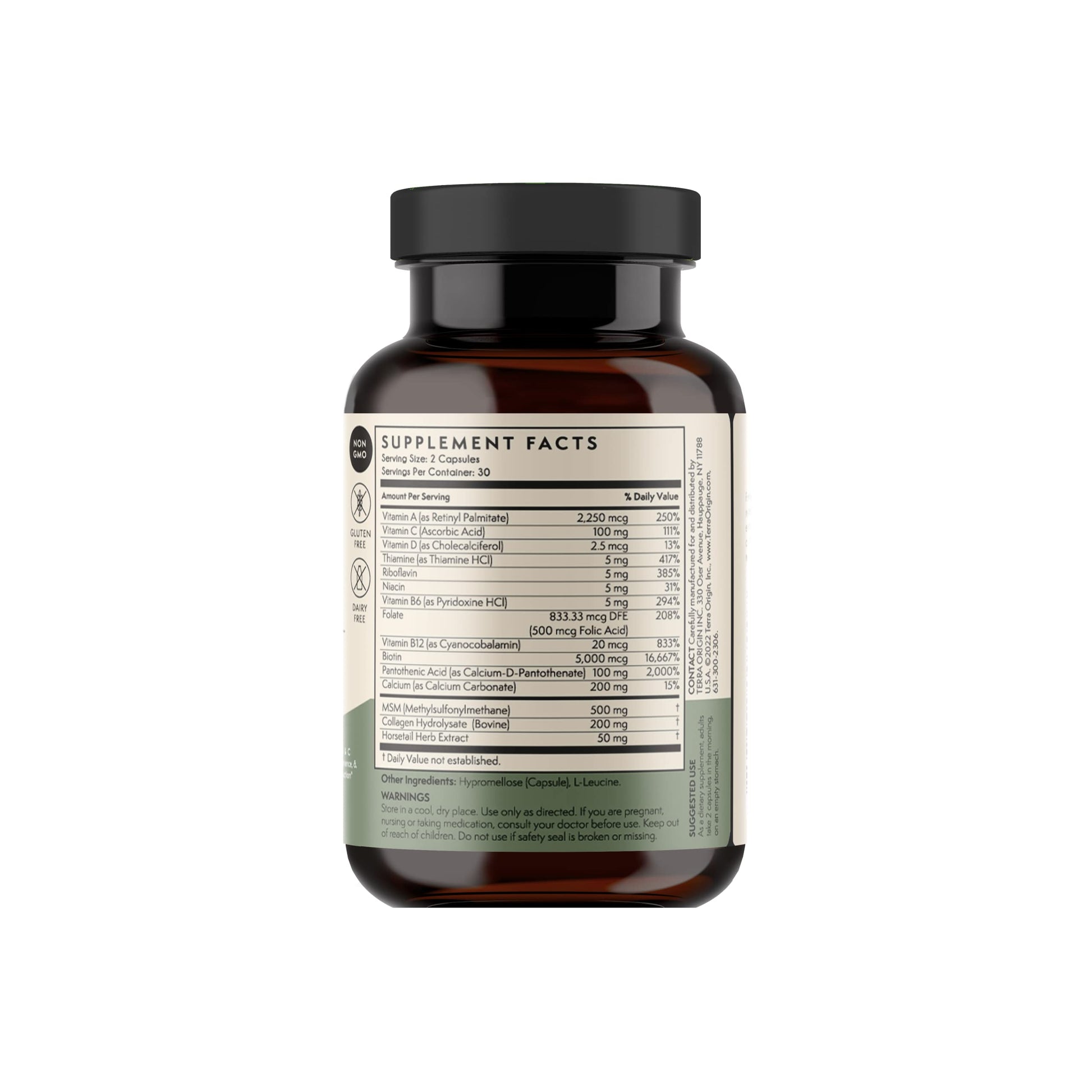 TERRA ORIGIN Healthy Hair, Skin and Nails Supplement | Collagen, Biotin, Horsetail & B-Complex | Supports Hair Strength, Skin Elasticity & Nail Growth | Vitamins for Women and Men | 60 Capsules TERRA ORIGIN uk supplements