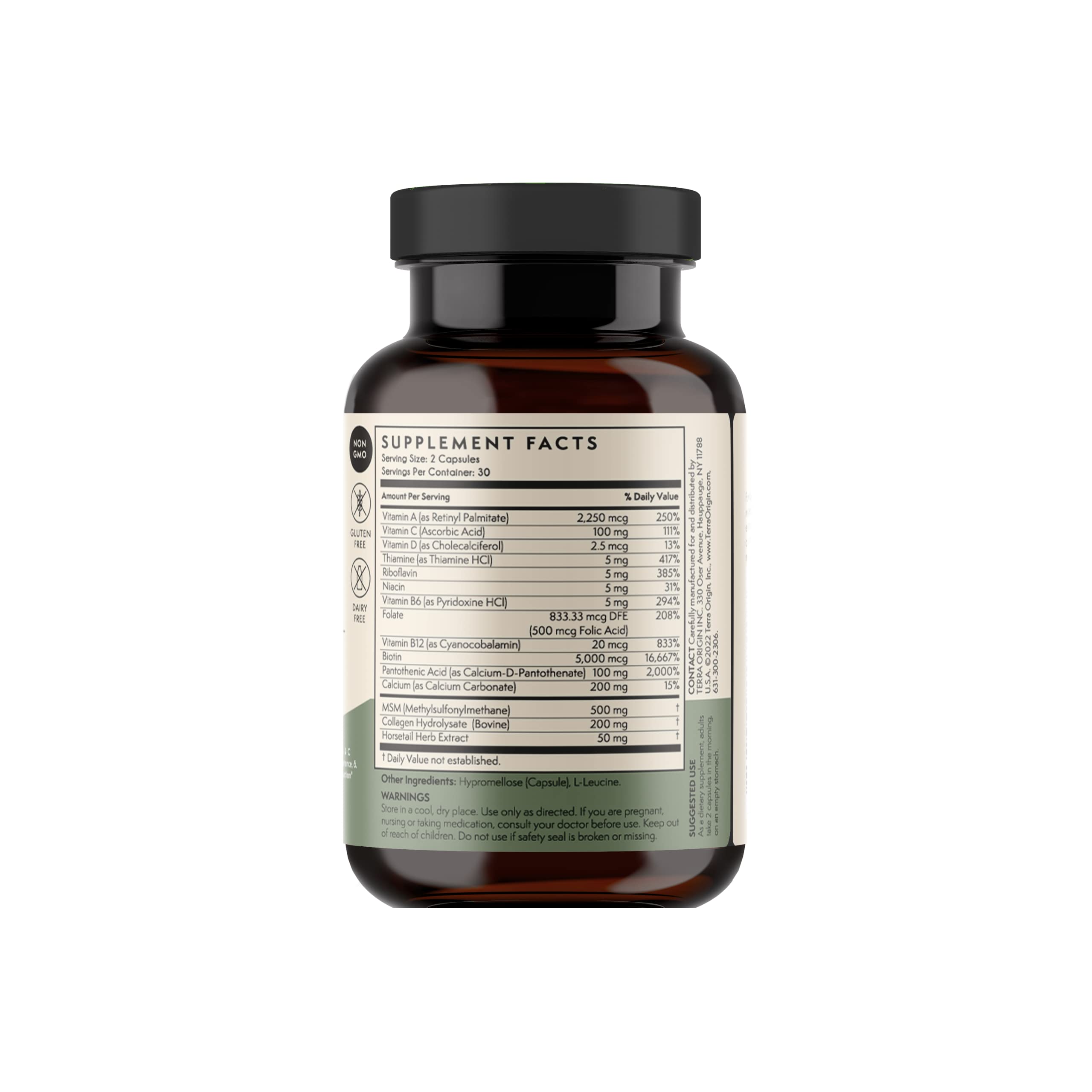 TERRA ORIGIN Healthy Hair, Skin and Nails Supplement | Collagen, Biotin, Horsetail & B-Complex | Supports Hair Strength, Skin Elasticity & Nail Growth | Vitamins for Women and Men | 60 Capsules TERRA ORIGIN uk supplements