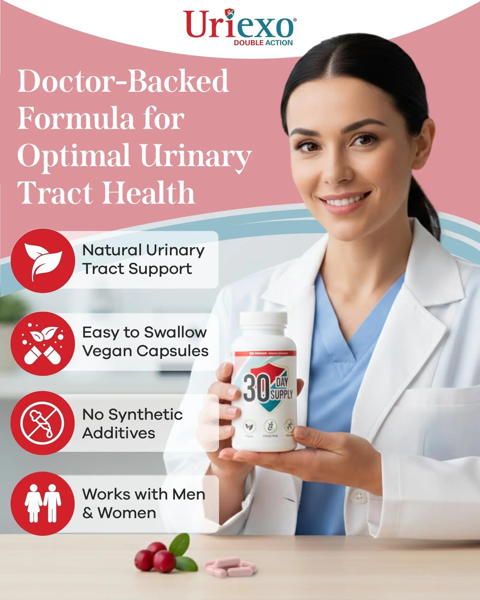Uriexo Double Action Support Cranberry Pills - Urinary Tract Health Supplement with 36mg Proanthocyanidins PACs & 2000mg D-Mannose, Capsules for Men & Women, Non-Antibiotic Formula, 30 Day Supply Uriexo uk supplements