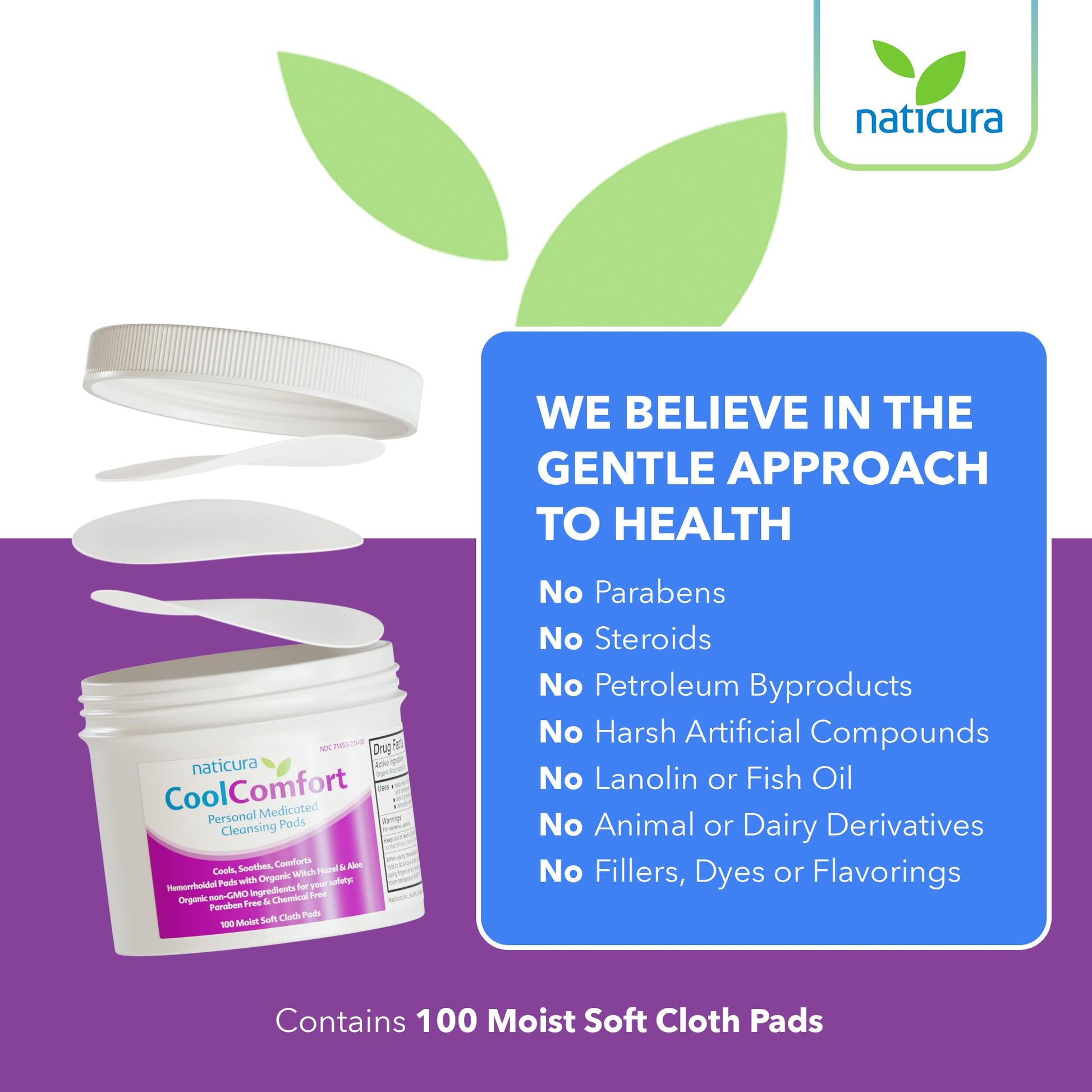 CoolComfort Personal Cleansing Pads with Organic Witch Hazel and Aloe Vera - All Natural and Fast Acting Wipes for Hemorrhoid Burning, Itching, Pain and Swelling - 100 Pads - No Parabens - Made in USA Naticura uk supplements