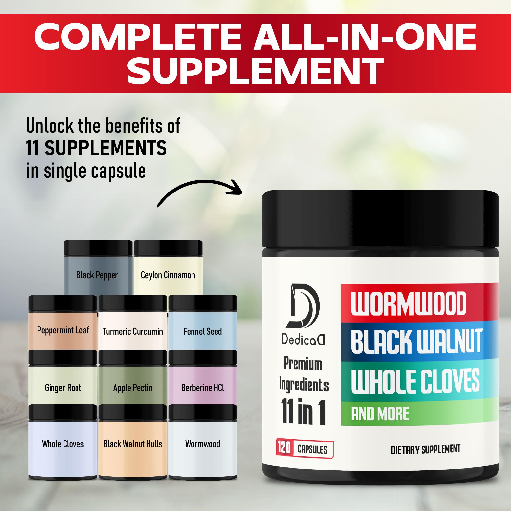 DEDICAD Wormwood Supplement - 120 Capsules Extracted from Black Walnut, Cloves, Turmeric, Apple, Berberine HCl & More - 11 Ingredients Combined for Immune System - 2-Month Supply DEDICAD uk supplements