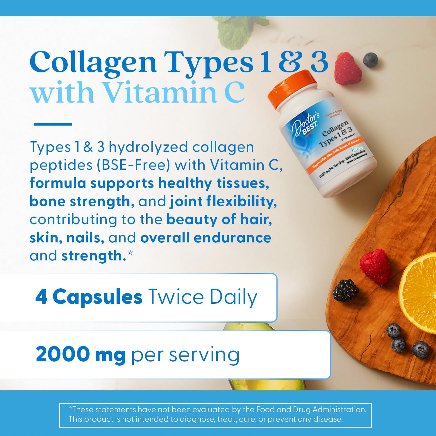 Doctor's Best Collagen Types 1 & 3 with Vitamin C, Non-GMO, Gluten Free, Soy Free, Supports Hair, Skin, Nails, Tendons & Bones, 500 mg, 240 Caps (DRB-00263) Doctor's BEST uk supplements