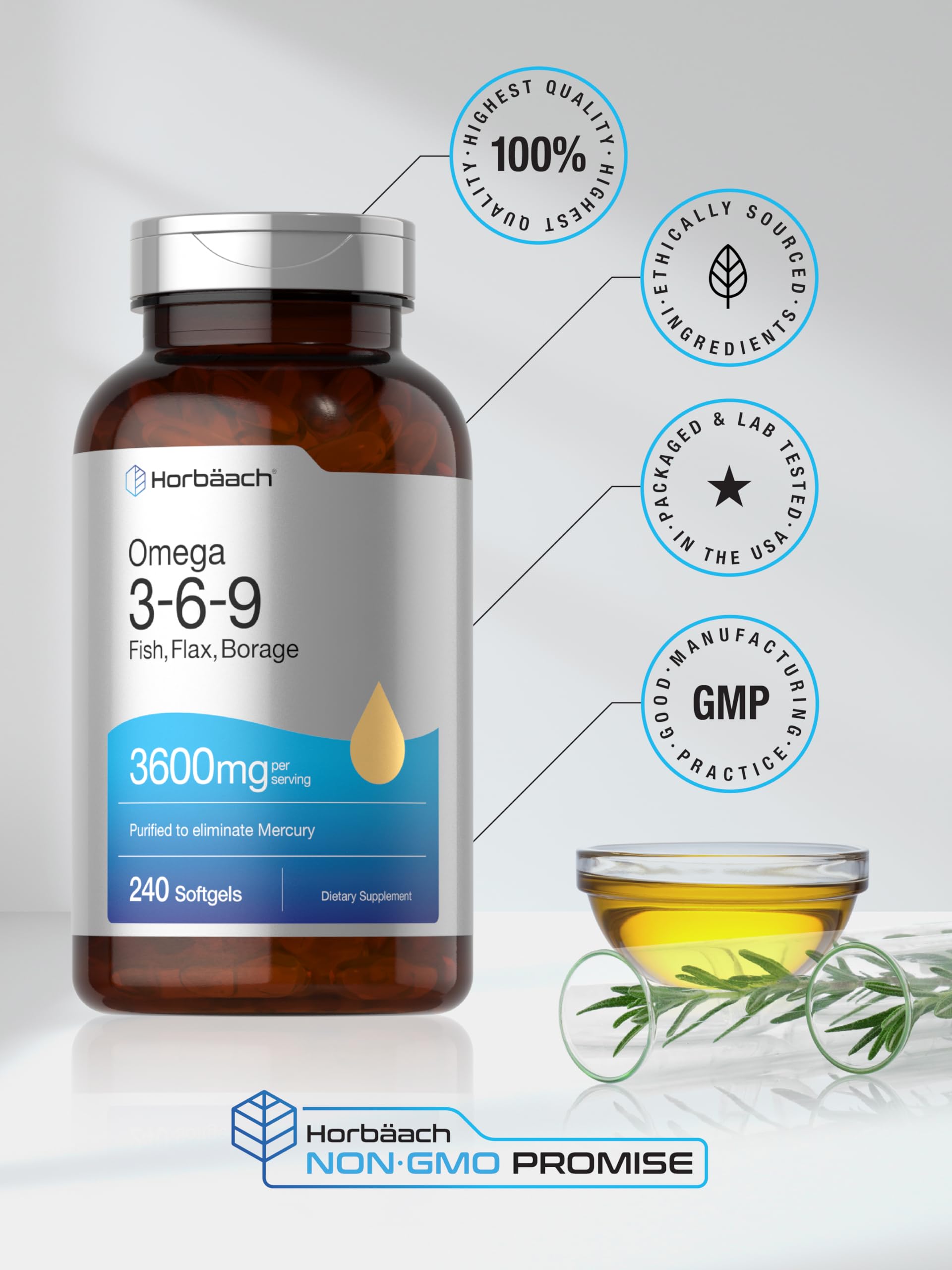 Triple Omega 3-6-9 240 Softgels | from Fish, Flaxseed, Borage Oils | Non-GMO & Gluten Horbäach uk supplements