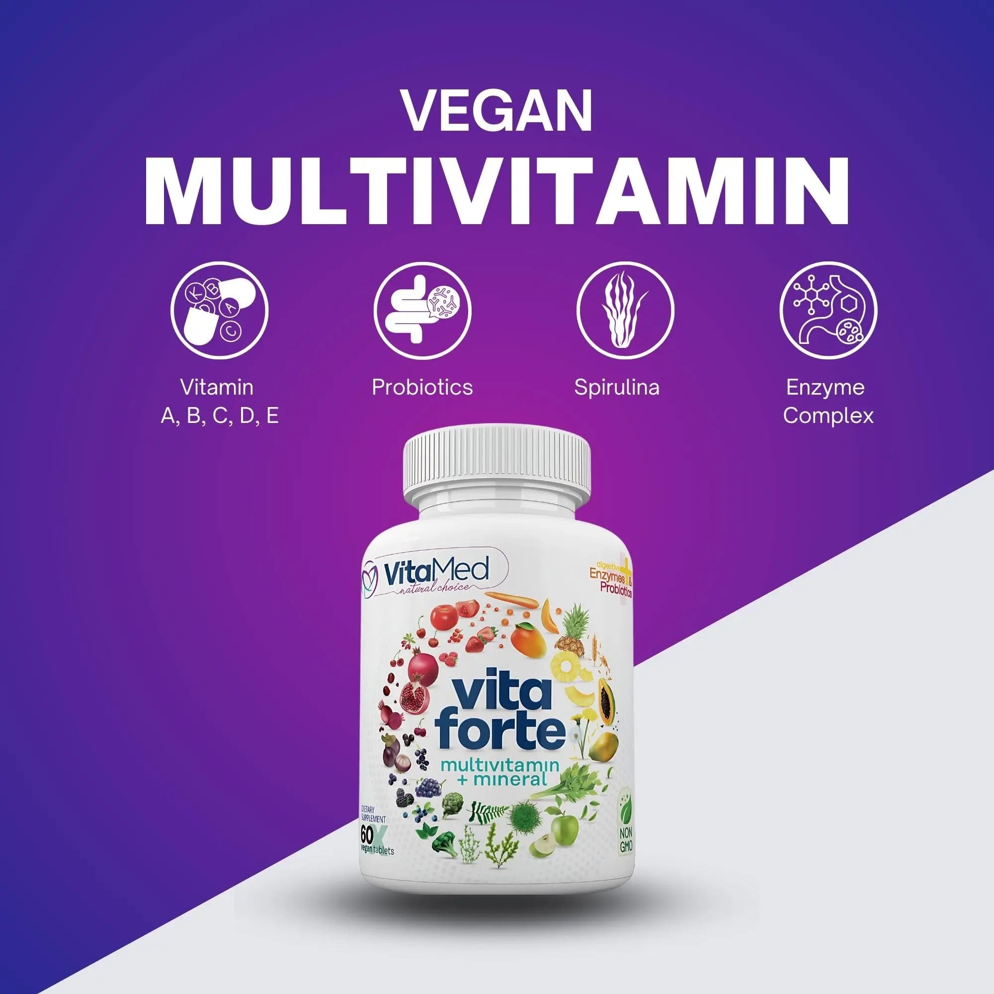 Vita Forte Vegan Multivitamin with Probiotics, Digestive Enzymes & 42 Fruits & Vegetables – Halal Certified VitaMed uk supplements