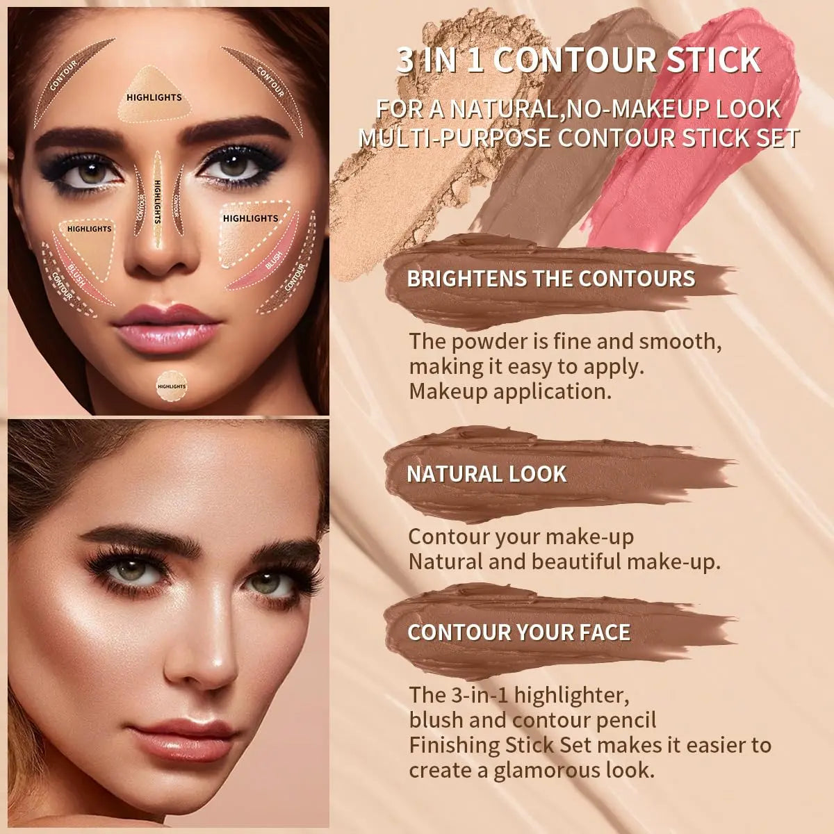 3Pcs Cream Contour Sticks Kit, Highlighter Stick Blush Stick Cream Contour Kit Makeup Set with Brush,Face Brightens & Shades Contour Stick Waterproof for Women QIC uk supplements