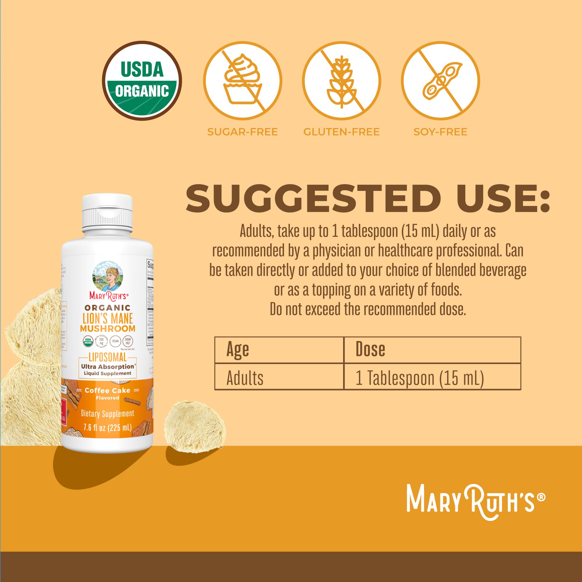 MaryRuth Organics Lions Mane Supplement | Ultra Absorption Liposomal | Full Spectrum Lion's Mane Mushroom | 200mg Beta-Glucans Per Serving | USDA Organic | Vegan | 7.6 oz | 15 Servings MARYRUTH'S uk supplements